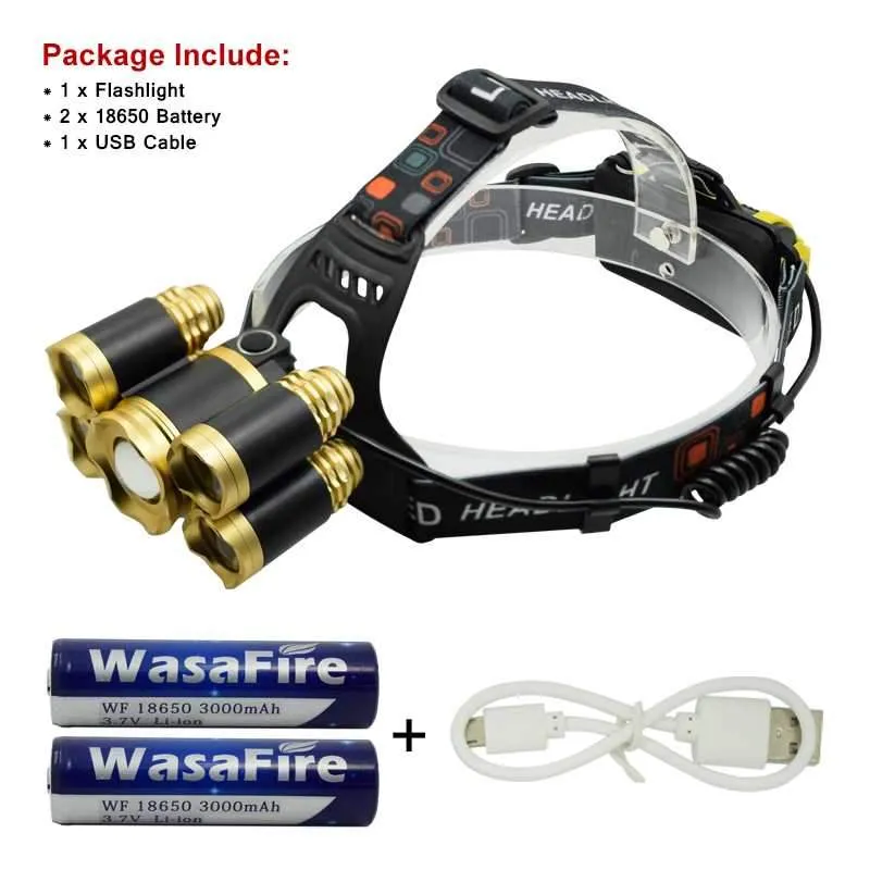 5 Led Zoomable Headlamp T6   4Q5 Head Lamp 12000 Lumen Led Headlight With 18650 Battery   USB Cable Head Lantern Work Light