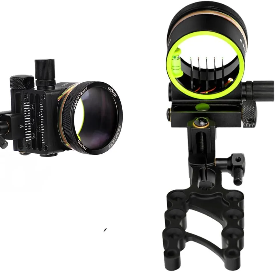 5 Pin Bow Sight, 019 Fiber Optics Archery Sight with 8X Magnification Sight Lens, Windage & Elevation Micro Adjustment (M2 Short Pole(with 8X Lens))