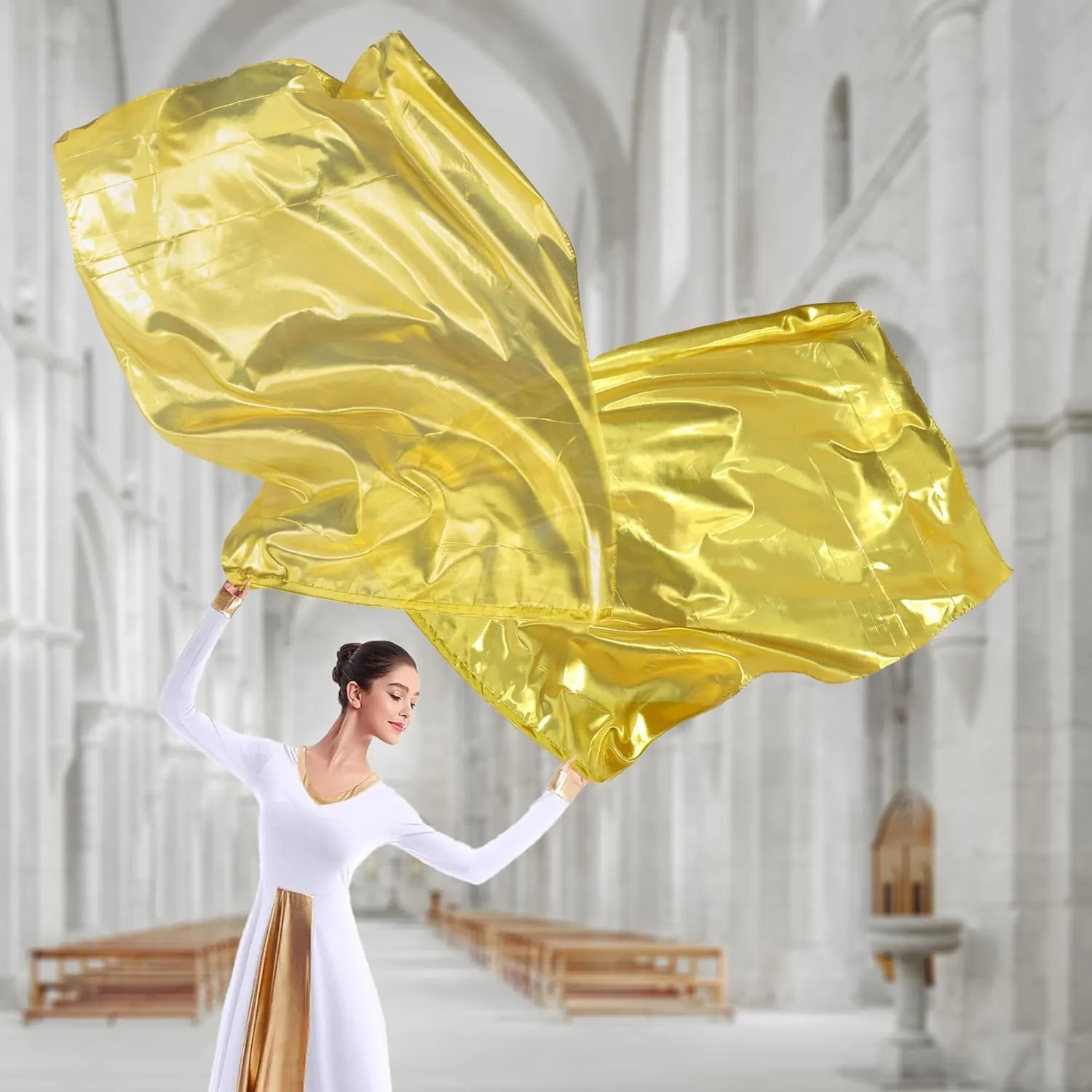 54"X45" Worship Flags for Dance Church, Rectangular Praise Dance Flags for Worship, Praise Flag with Flexible Rod and Carrying Bag, Set of 2, Gold