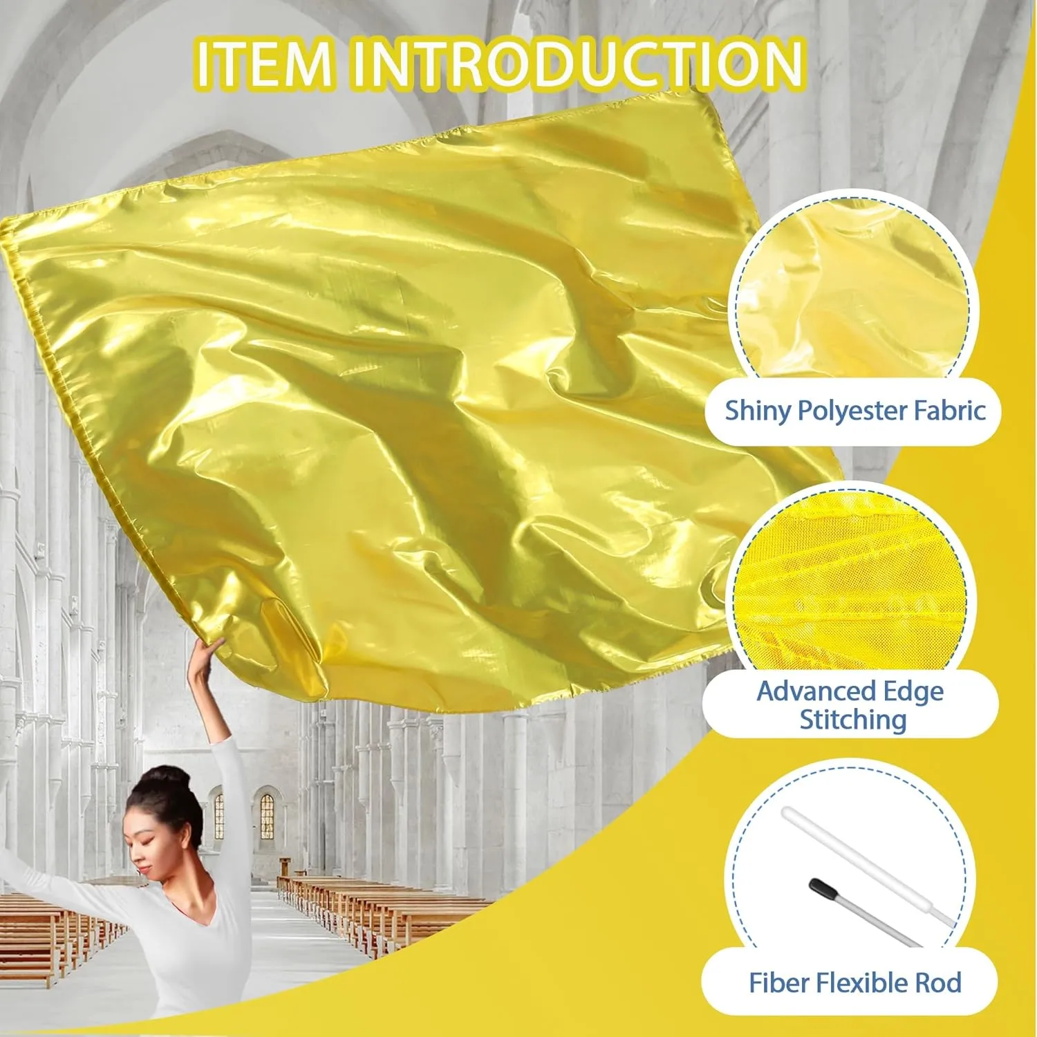 54"X45" Worship Flags for Dance Church, Rectangular Praise Dance Flags for Worship, Praise Flag with Flexible Rod and Carrying Bag, Set of 2, Gold