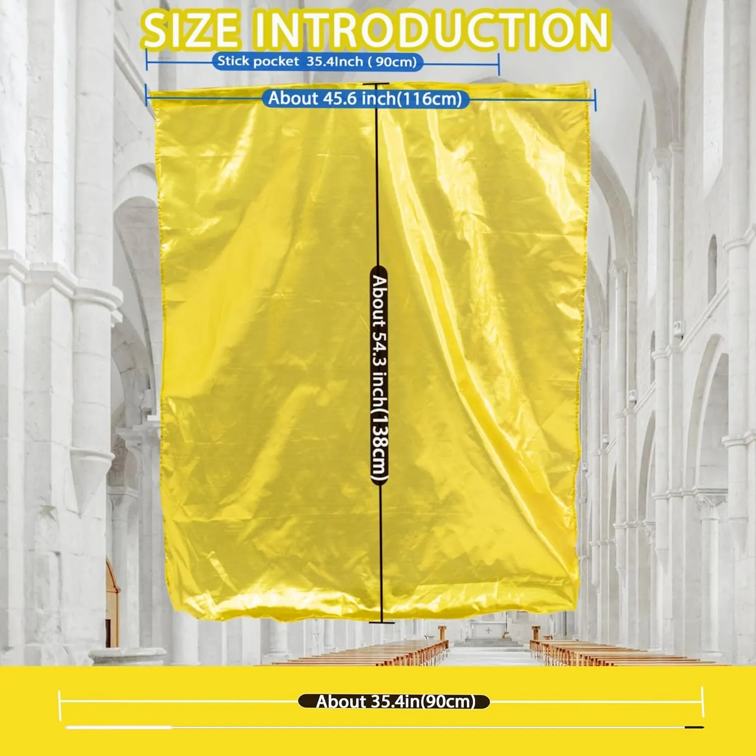 54"X45" Worship Flags for Dance Church, Rectangular Praise Dance Flags for Worship, Praise Flag with Flexible Rod and Carrying Bag, Set of 2, Gold