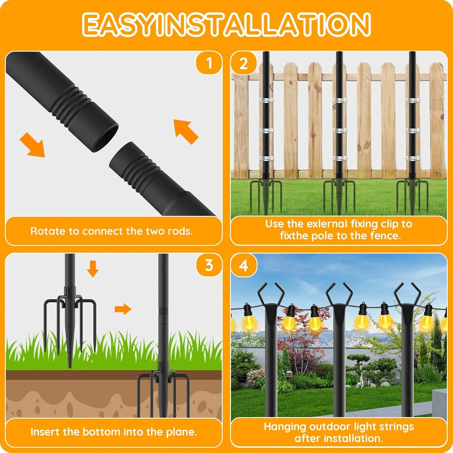 6 Pack String Light Poles, Outdoor String Light Pole 10 ft Forked Metal Light Pole with Adjustable Outdoor Light Stand, Deck, Backyard, Garden, Wedding, Rustproof and Sturdy with Hooks