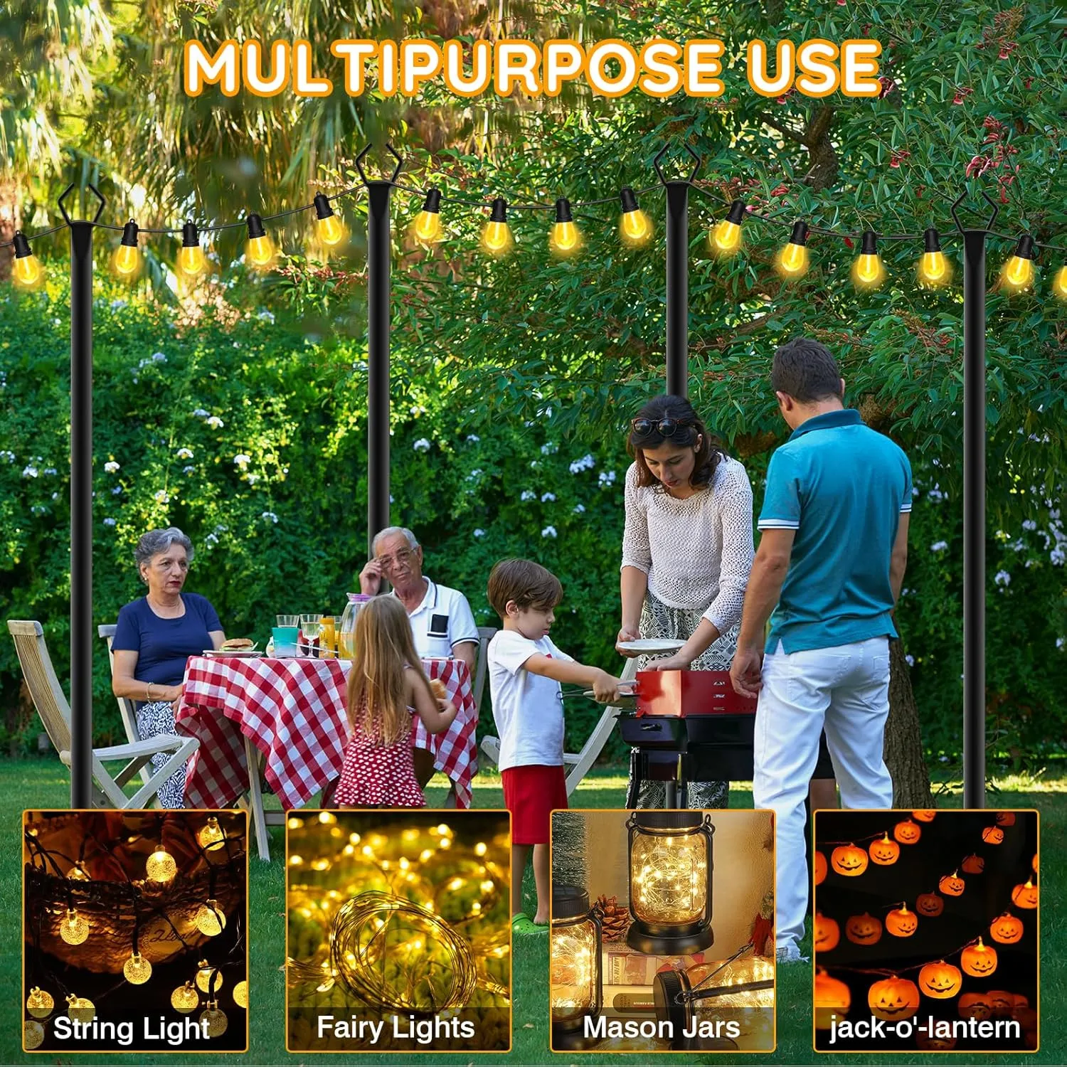 6 Pack String Light Poles, Outdoor String Light Pole 10 ft Forked Metal Light Pole with Adjustable Outdoor Light Stand, Deck, Backyard, Garden, Wedding, Rustproof and Sturdy with Hooks
