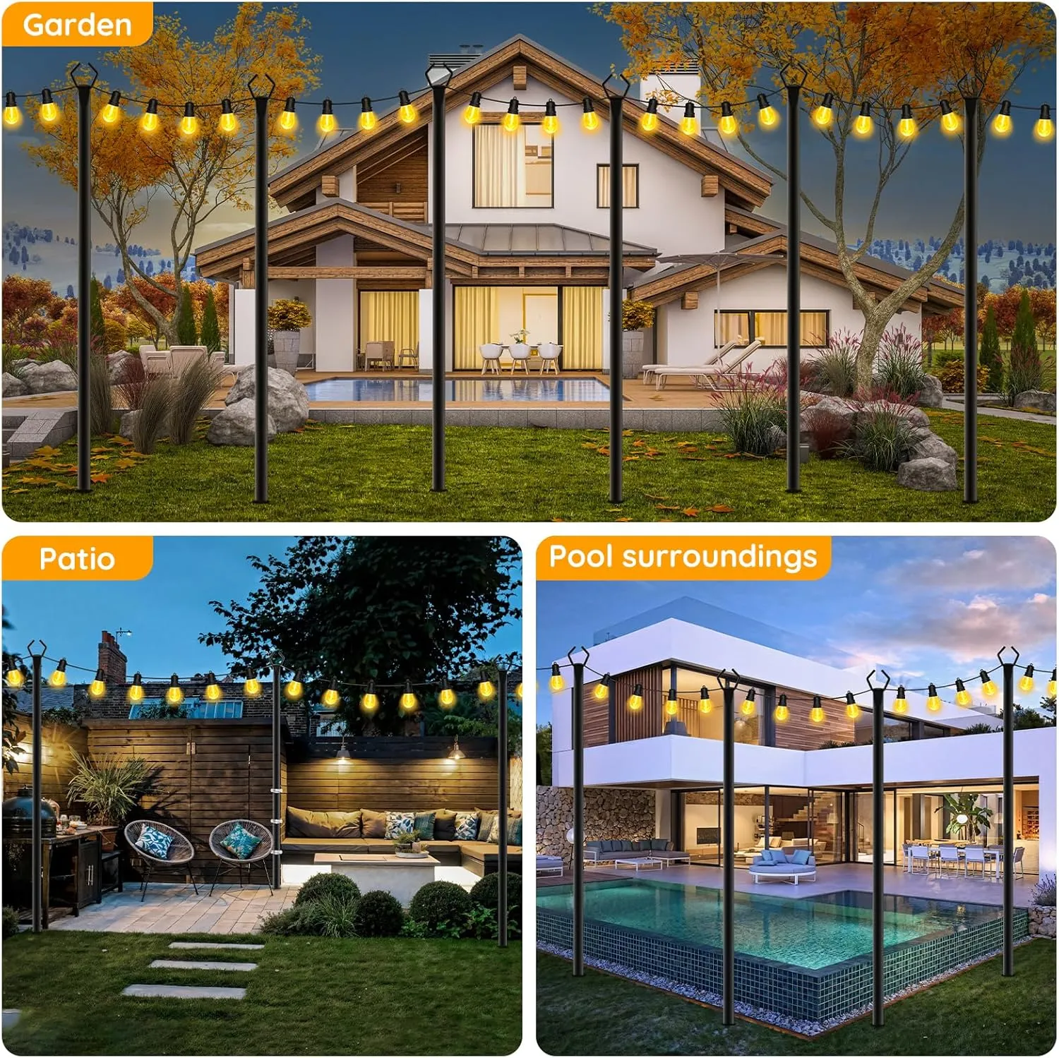 6 Pack String Light Poles, Outdoor String Light Pole 10 ft Forked Metal Light Pole with Adjustable Outdoor Light Stand, Deck, Backyard, Garden, Wedding, Rustproof and Sturdy with Hooks