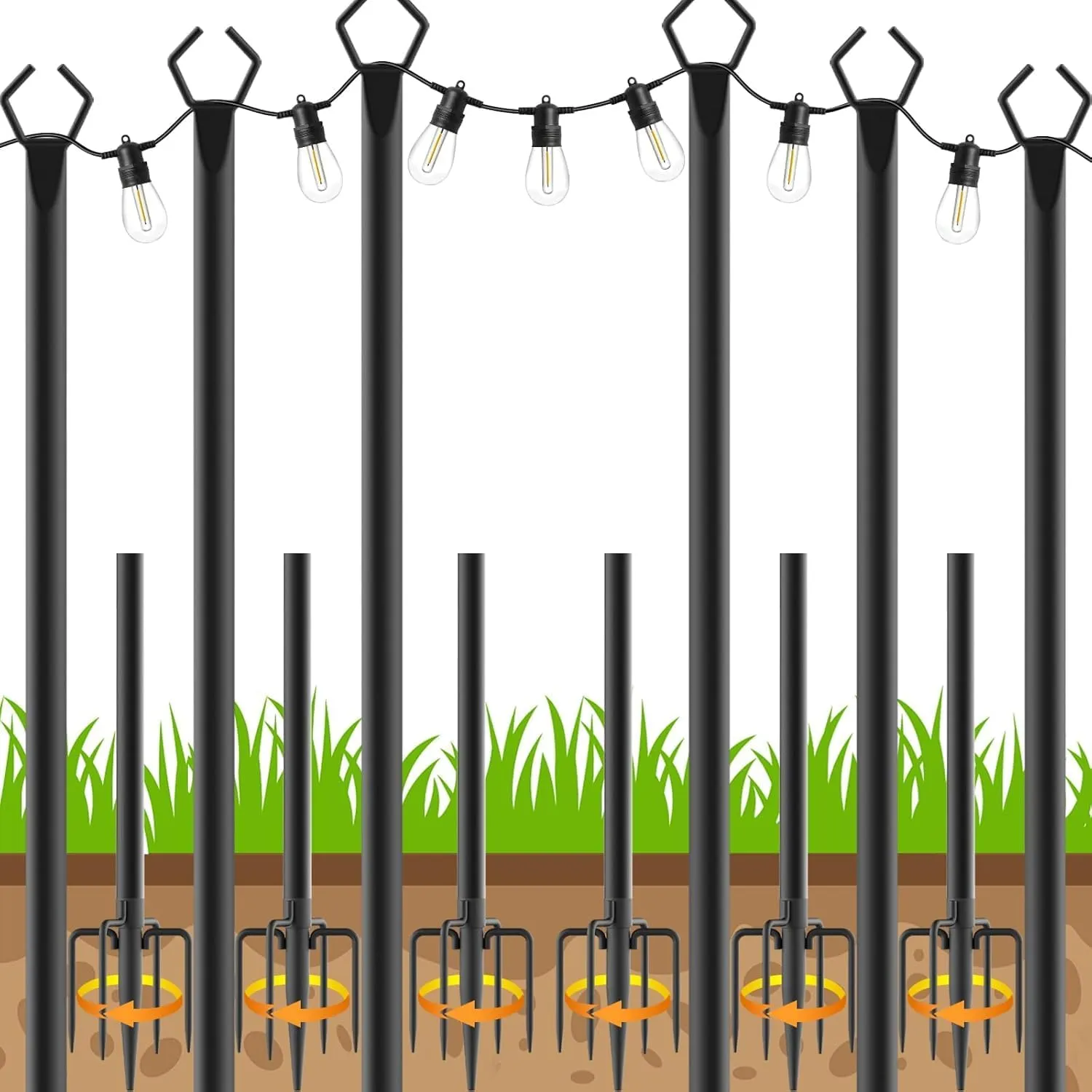 6 Pack String Light Poles, Outdoor String Light Pole 10 ft Forked Metal Light Pole with Adjustable Outdoor Light Stand, Deck, Backyard, Garden, Wedding, Rustproof and Sturdy with Hooks