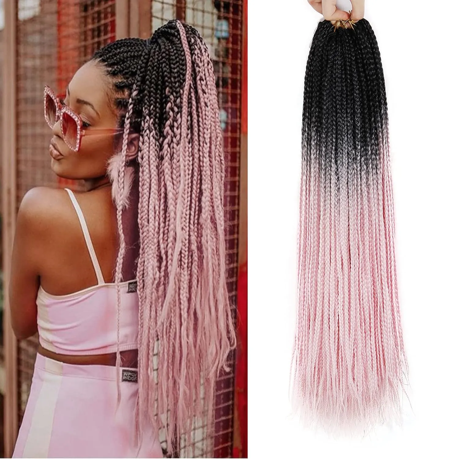 6 Packs Box Braids 22Inch Pre-looped Synthetic Braiding Hair - Crochet Box Braids for Black Women (1B/Pink, 22inch)