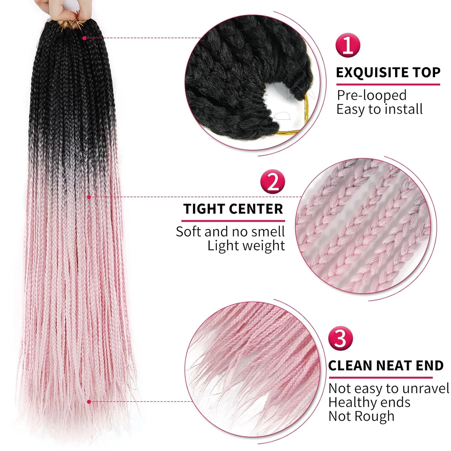 6 Packs Box Braids 22Inch Pre-looped Synthetic Braiding Hair - Crochet Box Braids for Black Women (1B/Pink, 22inch)