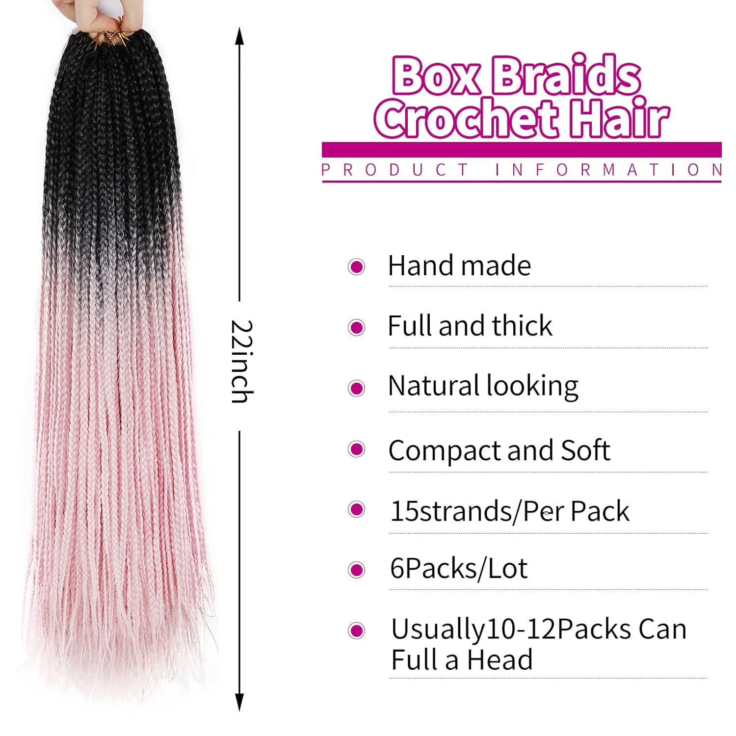 6 Packs Box Braids 22Inch Pre-looped Synthetic Braiding Hair - Crochet Box Braids for Black Women (1B/Pink, 22inch)