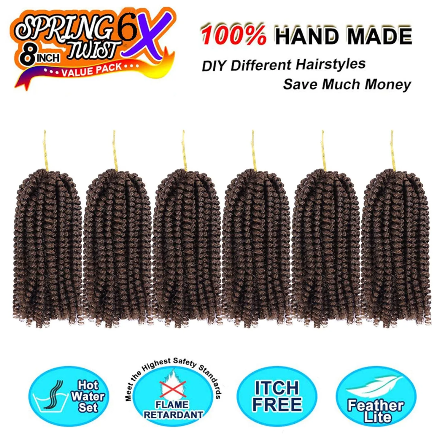 6 Packs Spring Twist Crochet Hair 8inch Spring Twists Bomb Twist Hair Synthetic Fiber Fluffy Twist Crochet Braids Low Temperature Spring Twist Braiding Hair for Women Hair Extension(8inch,30)