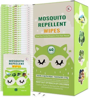 60 PCS Mosquito Repellent Wipes, Individually Wrapped Insect Repellent Wipes Made of Natural Plant-Based Essential Oils, Safe & Effective Insect Protection Perfect for Outdoor Activities, Long-Lasting