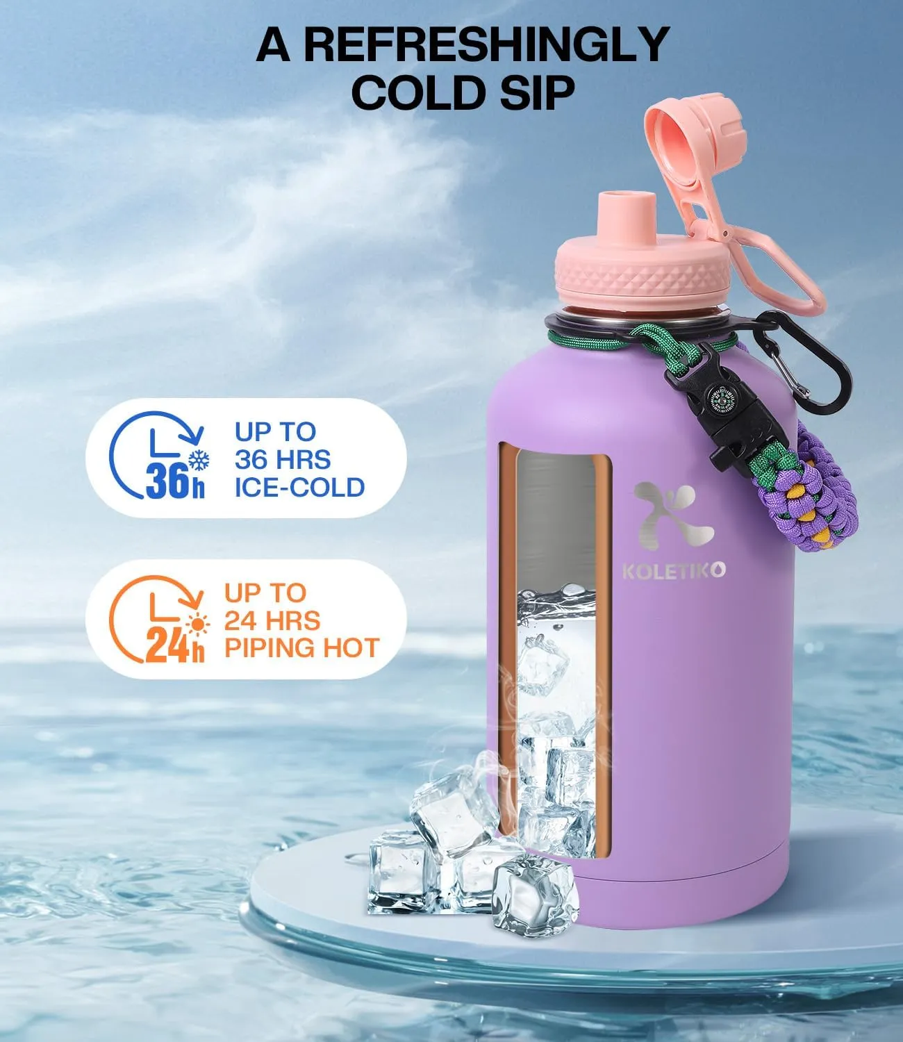 64 oz Insulated Water Bottle with Straw, Vacuum COLD for 36 Hrs, Non-BPA & Leak Proof, Half Gallon Stainless Steel Water Jug with Paracord Handle, Straw & Spout Lid, Lavender