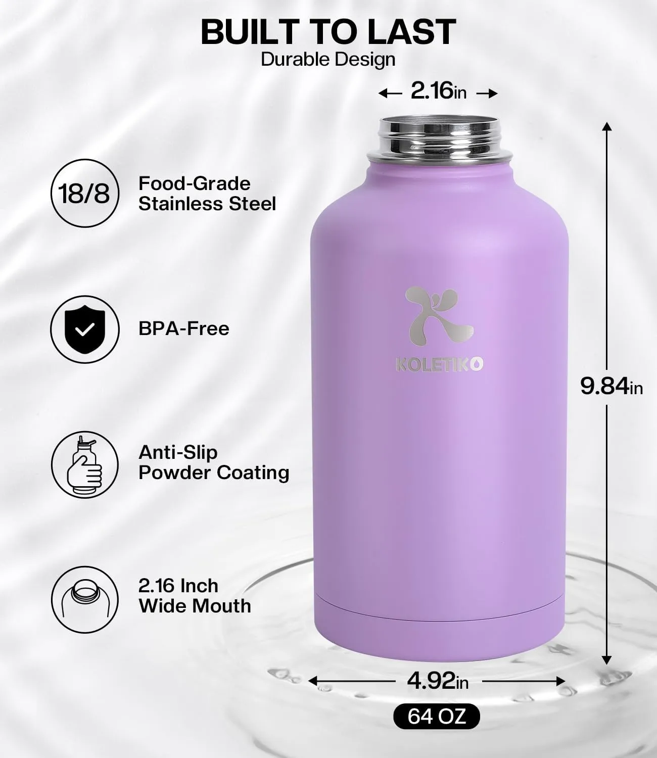 64 oz Insulated Water Bottle with Straw, Vacuum COLD for 36 Hrs, Non-BPA & Leak Proof, Half Gallon Stainless Steel Water Jug with Paracord Handle, Straw & Spout Lid, Lavender