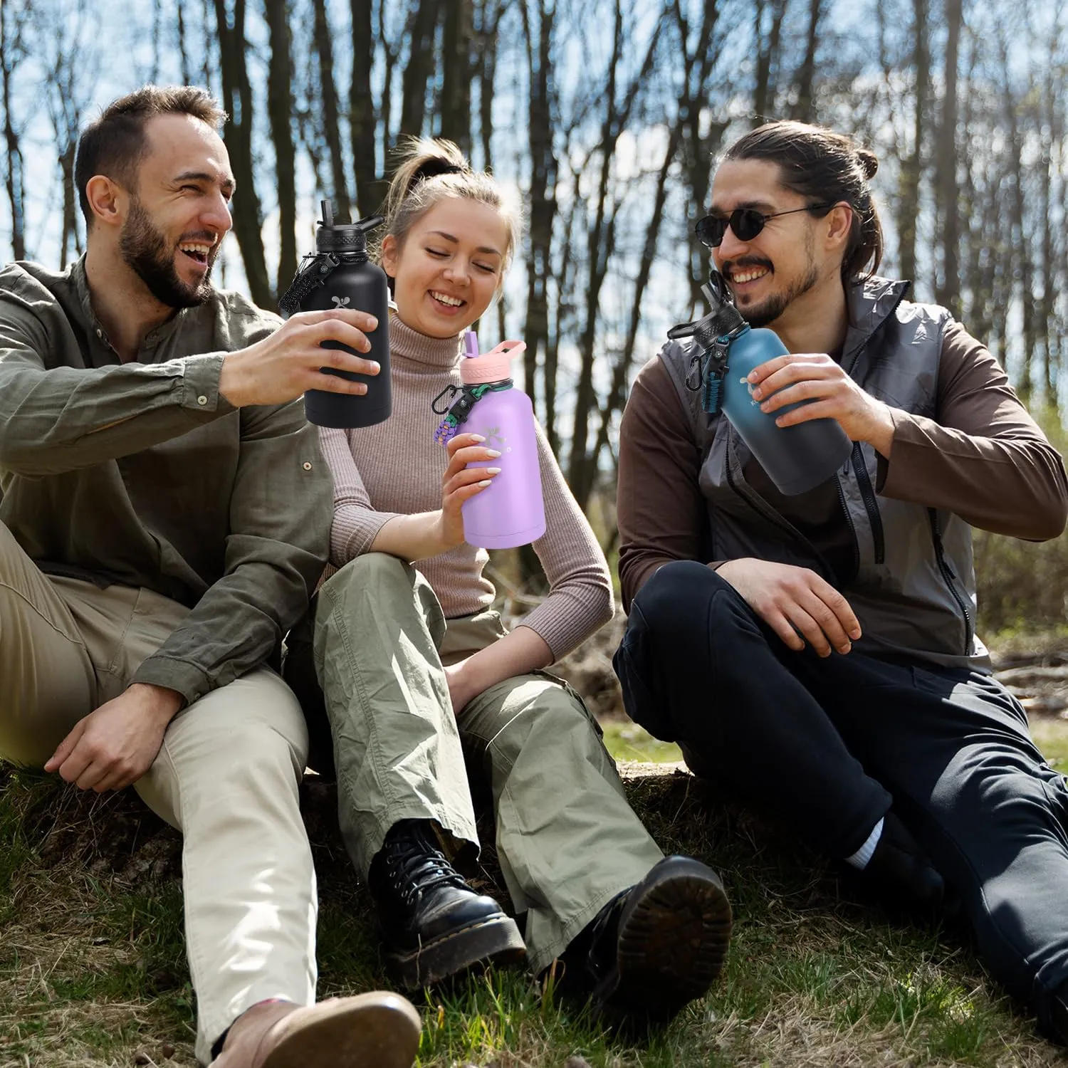 64 oz Insulated Water Bottle with Straw, Vacuum COLD for 36 Hrs, Non-BPA & Leak Proof, Half Gallon Stainless Steel Water Jug with Paracord Handle, Straw & Spout Lid, Lavender
