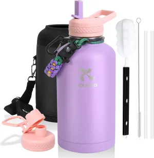64 oz Insulated Water Bottle with Straw, Vacuum COLD for 36 Hrs, Non-BPA & Leak Proof, Half Gallon Stainless Steel Water Jug with Paracord Handle, Straw & Spout Lid, Lavender