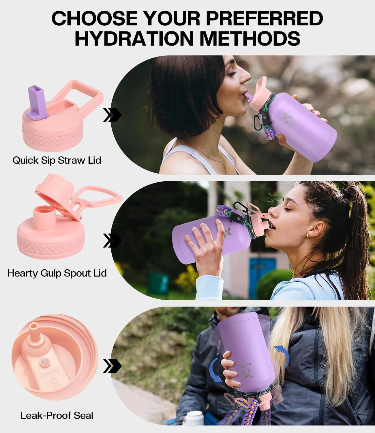 64 oz Insulated Water Bottle with Straw, Vacuum COLD for 36 Hrs, Non-BPA & Leak Proof, Half Gallon Stainless Steel Water Jug with Paracord Handle, Straw & Spout Lid, Lavender
