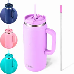 64 Oz Tumbler with Handle and Straw Half Gallon Water Bottle Stainless Steel Travel Mug for Hot & Cold Drinks, Reusable Water Bottle with Lids and Straw - Lavender