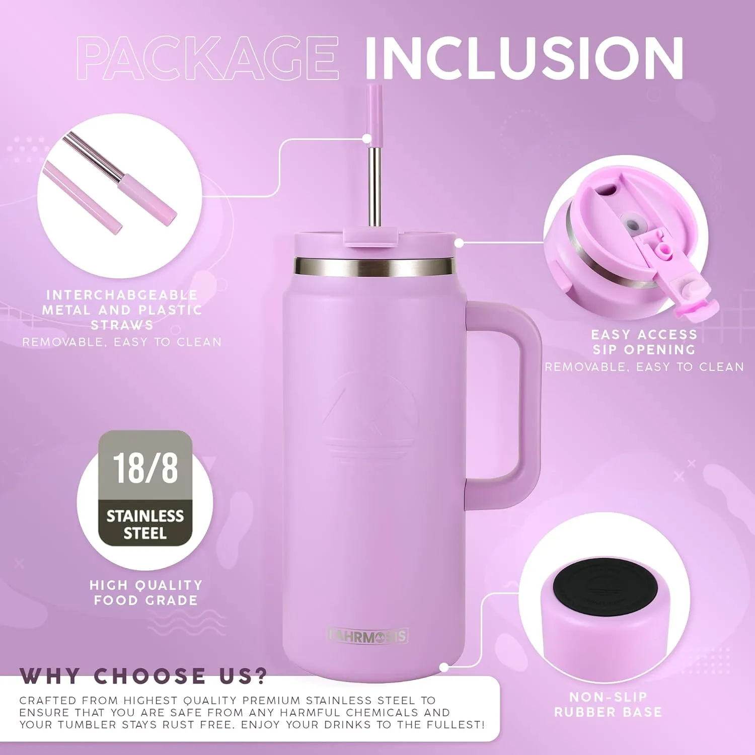 64 Oz Tumbler with Handle and Straw Half Gallon Water Bottle Stainless Steel Travel Mug for Hot & Cold Drinks, Reusable Water Bottle with Lids and Straw - Lavender