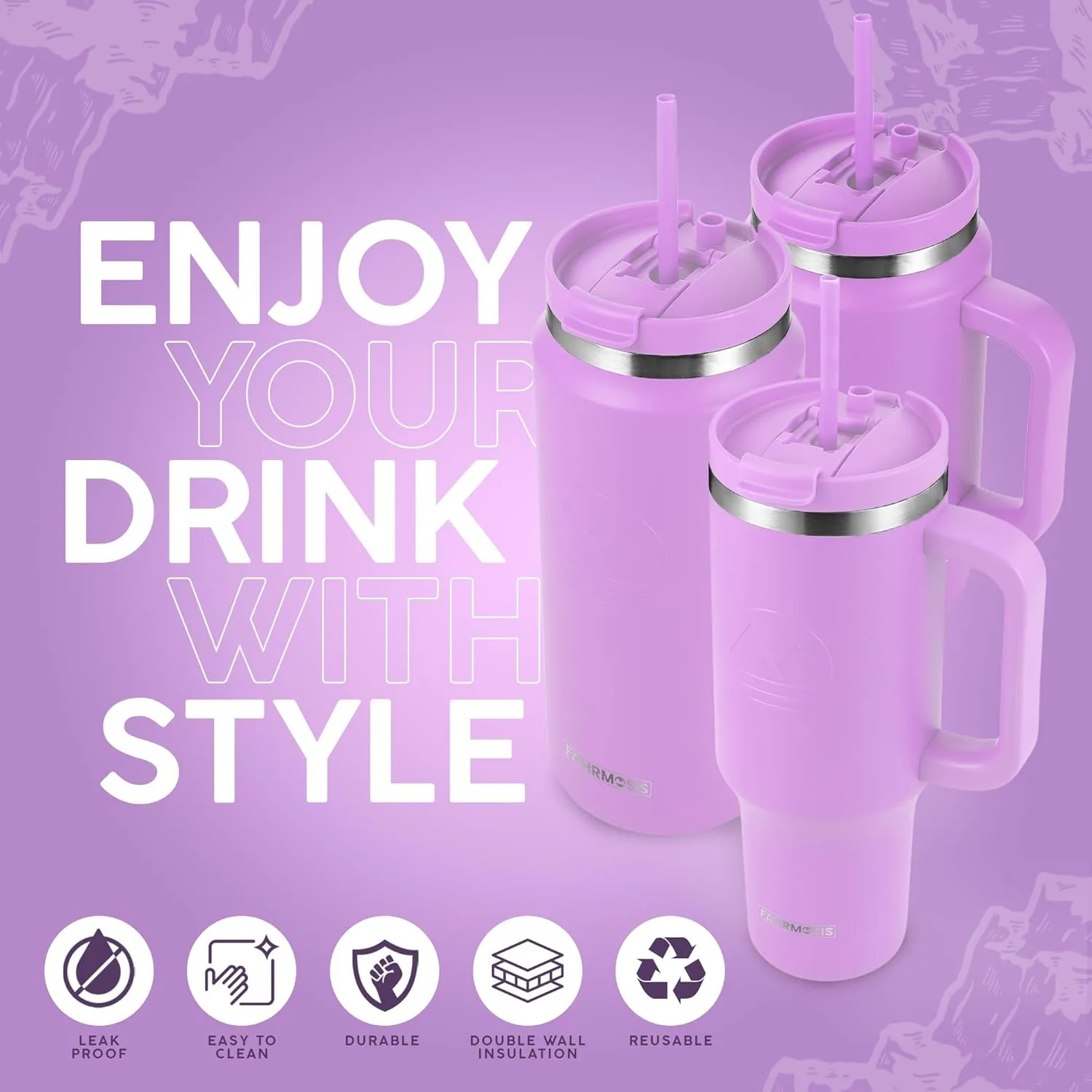64 Oz Tumbler with Handle and Straw Half Gallon Water Bottle Stainless Steel Travel Mug for Hot & Cold Drinks, Reusable Water Bottle with Lids and Straw - Lavender
