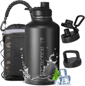 64 oz Water Bottle with Straw - Half Gallon Insulated Water Bottle Stainless Steel Water Jug, Leakproof Sport Bottle with 3 BPA-Free Lids & MOLLE Pouch and Strap for Travel Camping Hiking