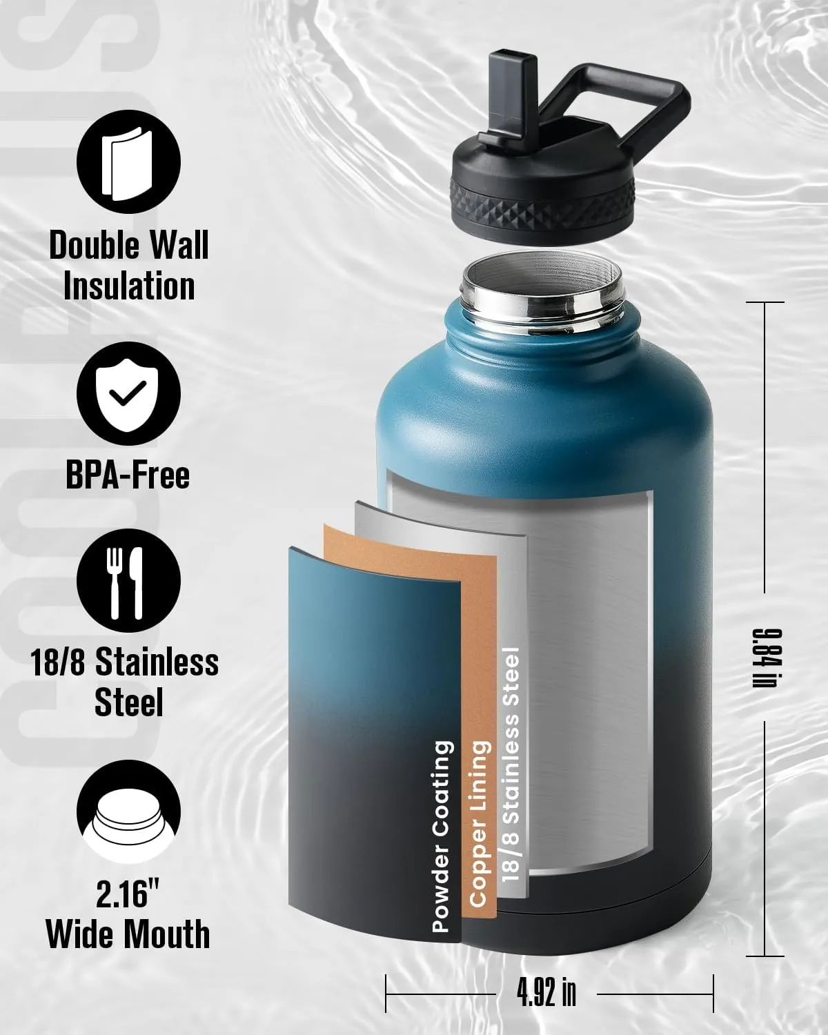 64 oz Water Bottle With Straw Spout Lid, Coolplus Insulated Half Gallon Water Jug Stainless Steel Double-Walled Vacuum Metal Large Flask With Carry Sleeve, Keep Cold 48 Hrs Hot 24hrs, Blue Black