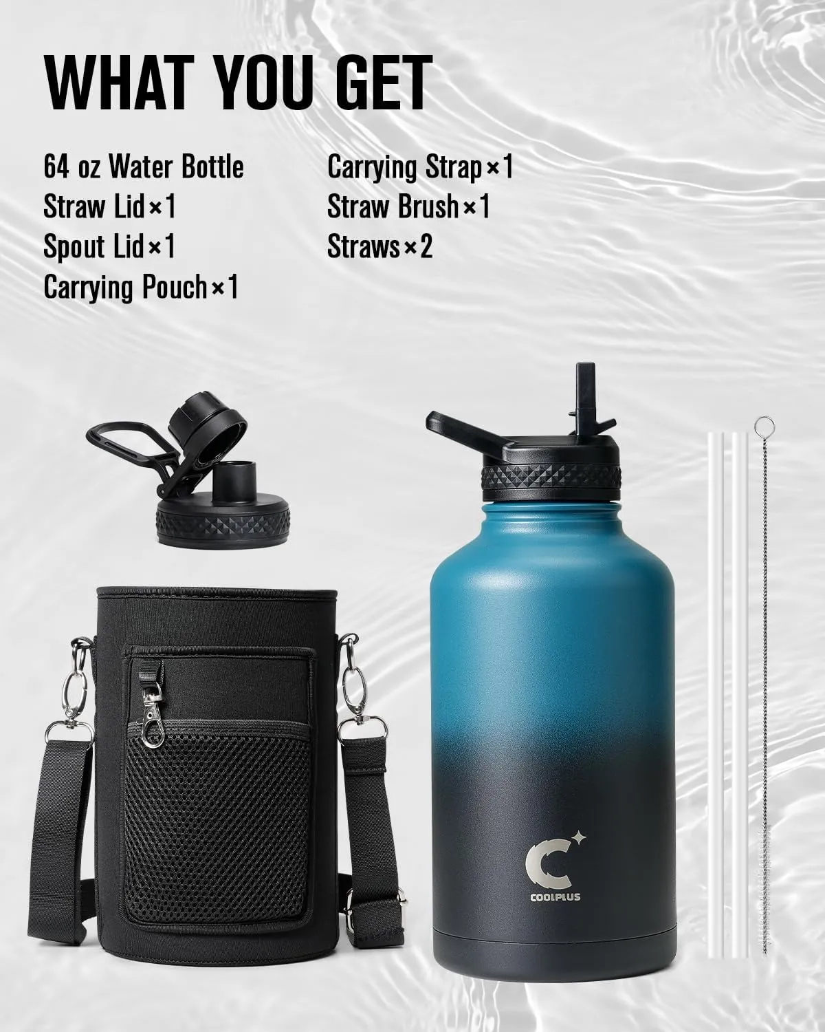 64 oz Water Bottle With Straw Spout Lid, Coolplus Insulated Half Gallon Water Jug Stainless Steel Double-Walled Vacuum Metal Large Flask With Carry Sleeve, Keep Cold 48 Hrs Hot 24hrs, Blue Black