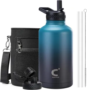 64 oz Water Bottle With Straw Spout Lid, Coolplus Insulated Half Gallon Water Jug Stainless Steel Double-Walled Vacuum Metal Large Flask With Carry Sleeve, Keep Cold 48 Hrs Hot 24hrs, Blue Black
