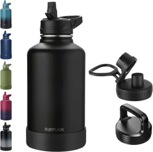 64oz Insulated Water Bottle with Straw, Half Gallon Stainless Steel Vacuum Water Jug, Large Thermos Water Bottle Flask with Leakproof 3 Lids for Travel, Camping, Gym Sports Black