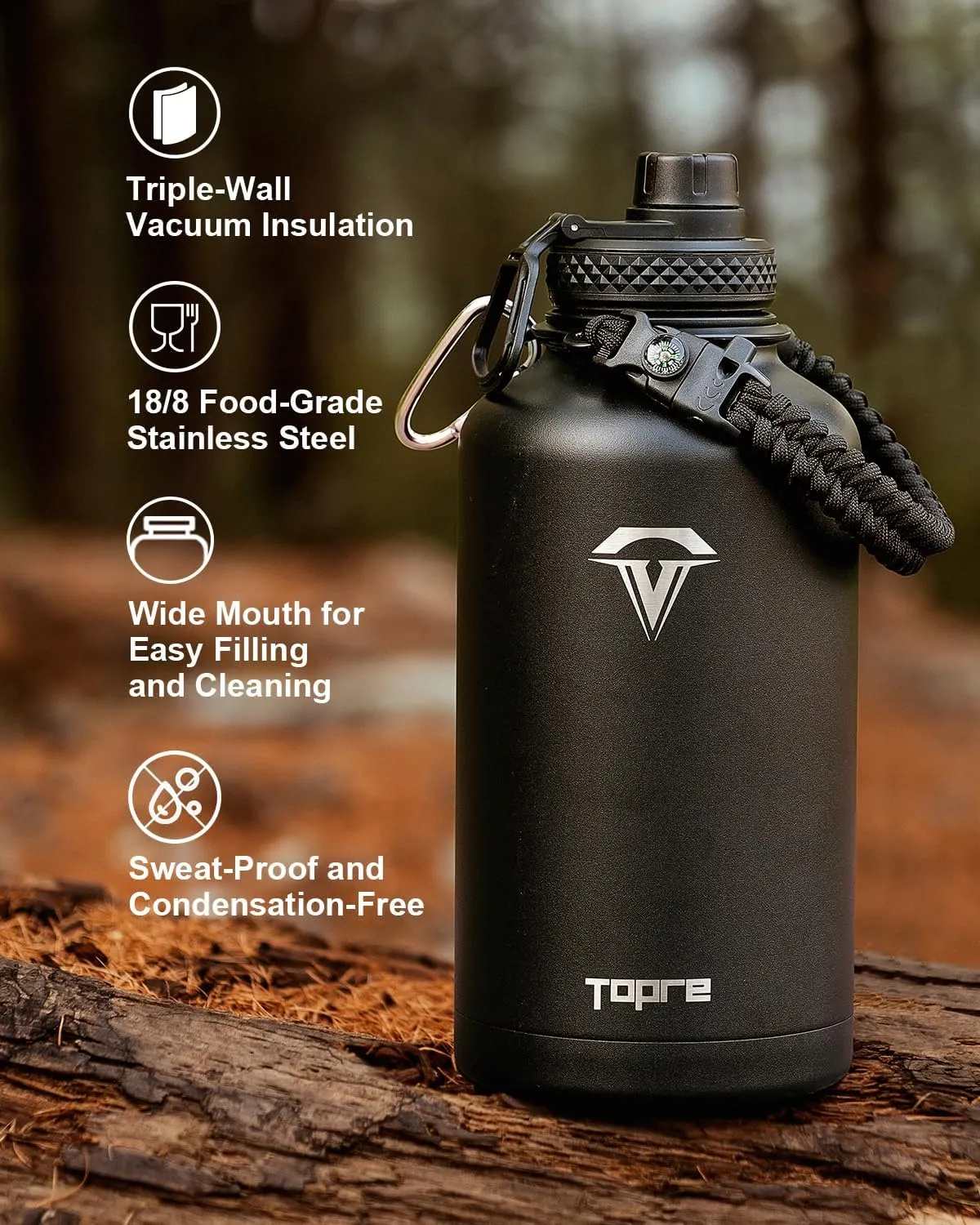 64oz Insulated Water Bottle,Half Gallon Water Flask Stainless Steel Vacuum, Cold for 48 Hrs,BPA-Free & Leakproof -with Paracord Handle,Strap,Straw Spout Lids,Large Jug for Gym Sports,Black