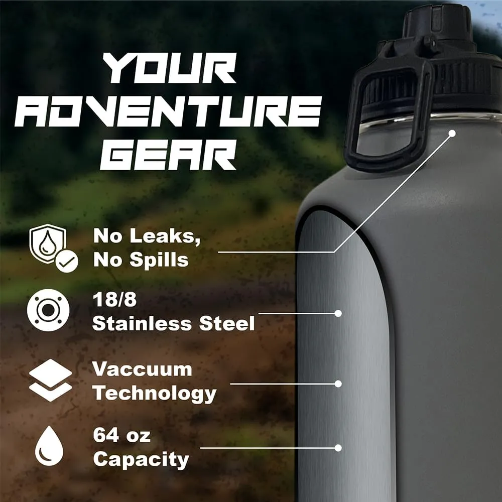 64oz Water Bottle with Handle Insulated Large Stainless Steel Jug with straw & lids (Gray)