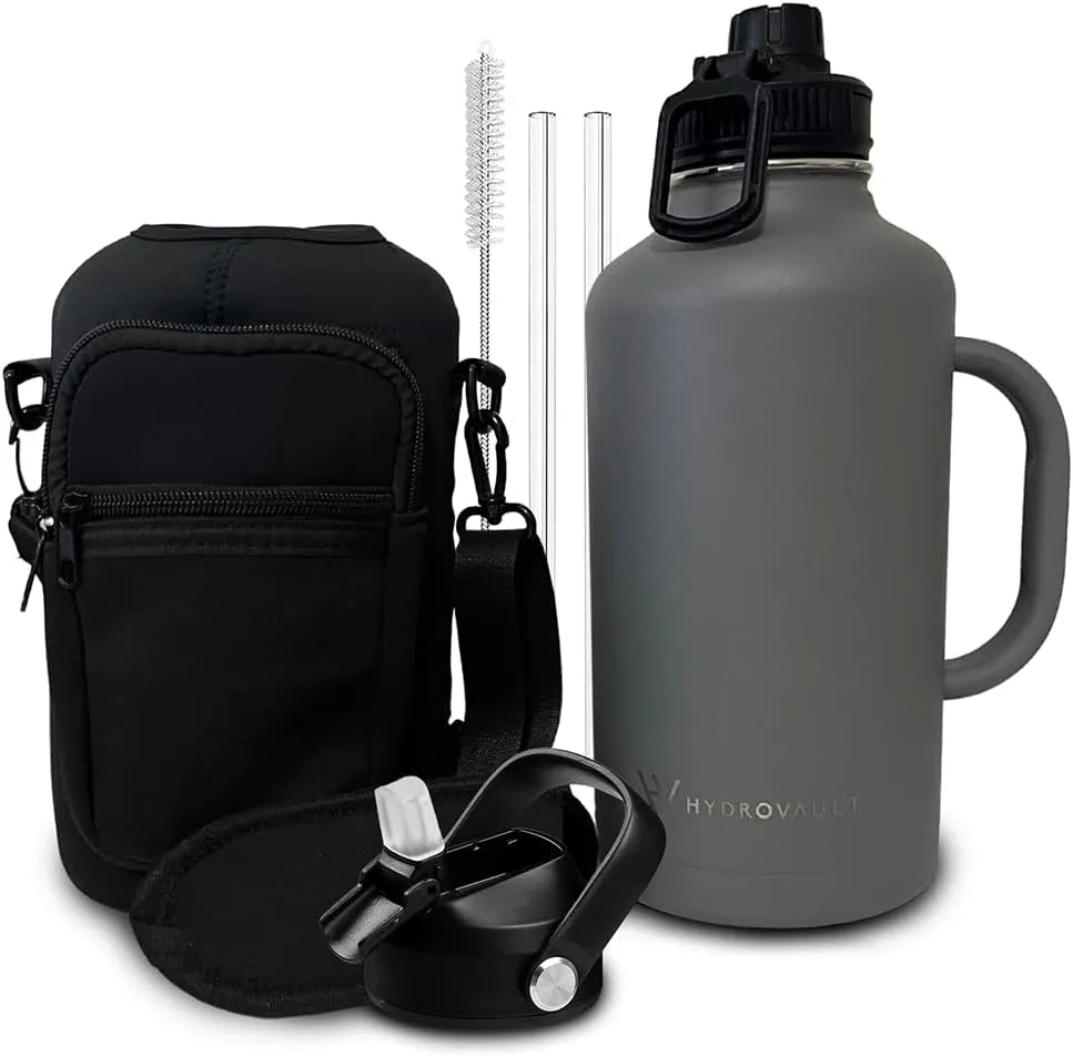 64oz Water Bottle with Handle Insulated Large Stainless Steel Jug with straw & lids (Gray)