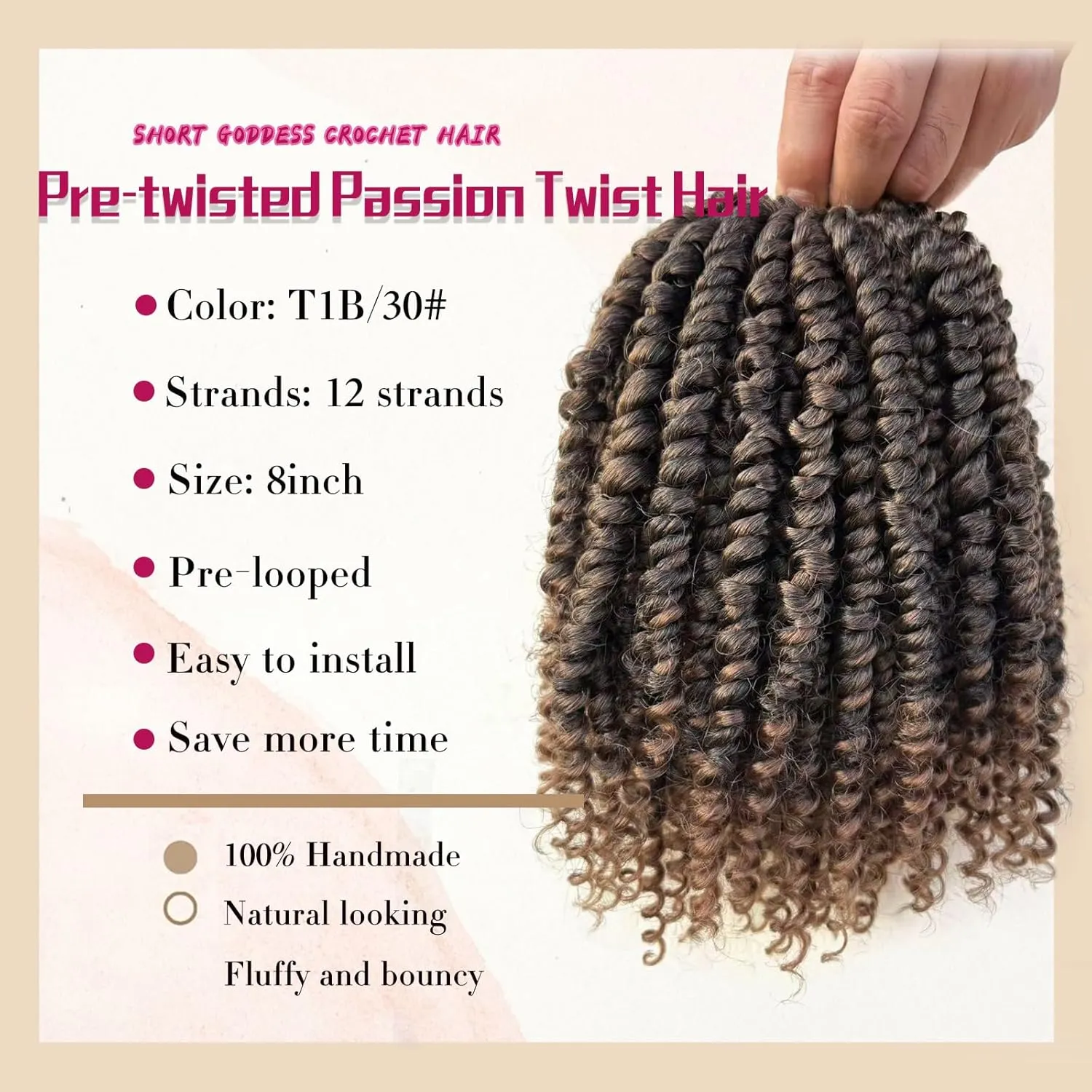 8 Inch Pretwisted Passion Twist Crochet Hair 8 Packs Ombre Brown Prelooped Short Passion Twist Hair Soft Crochet Braids Hair for Women #T1B/30