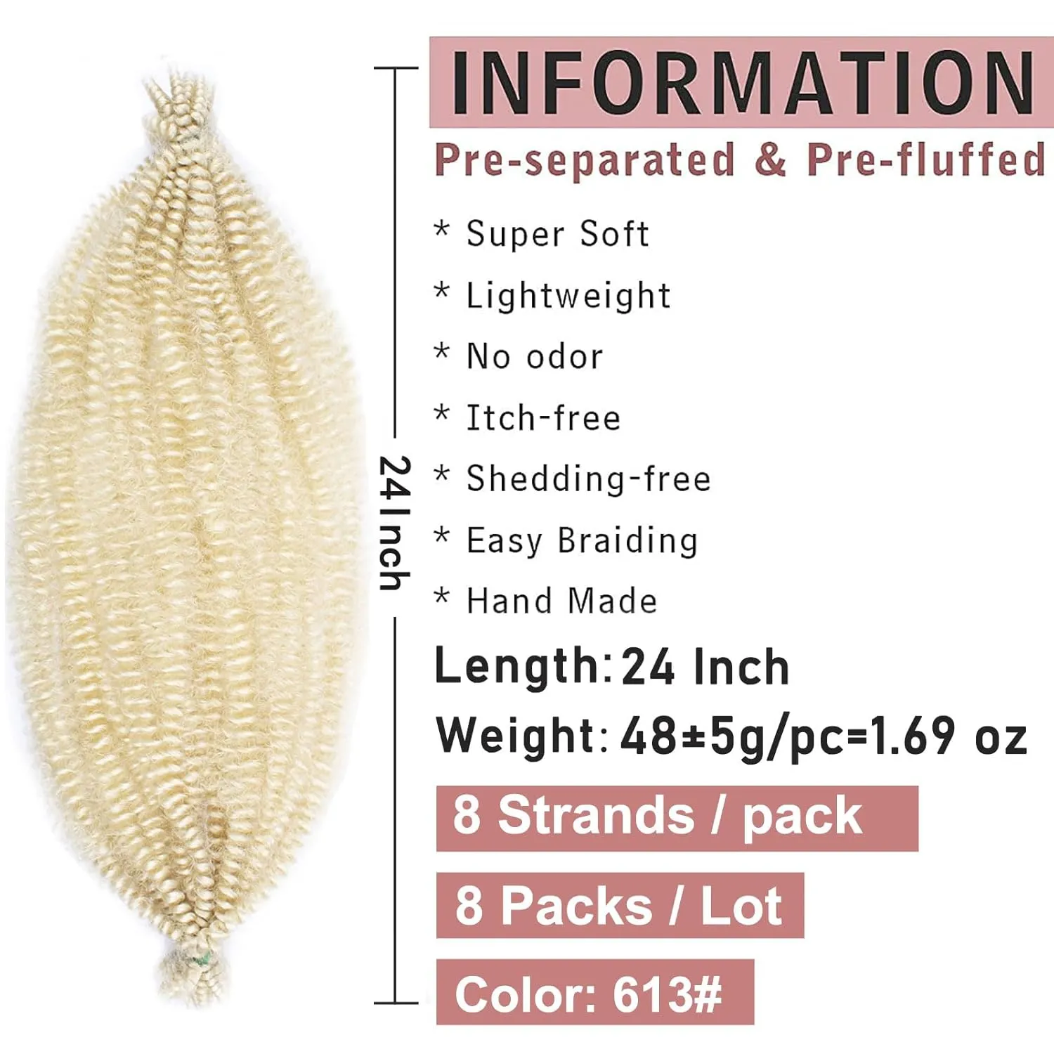 8 Packs Blond Pre-Separated Springy Afro Twist Hair 24 Inch Long Spring Twist Crochet Braids Hair For Soft Faux Locs Afro Kinky Marley Crochet Braiding Hair Extension For Women(8 Strands/Pack,613#)
