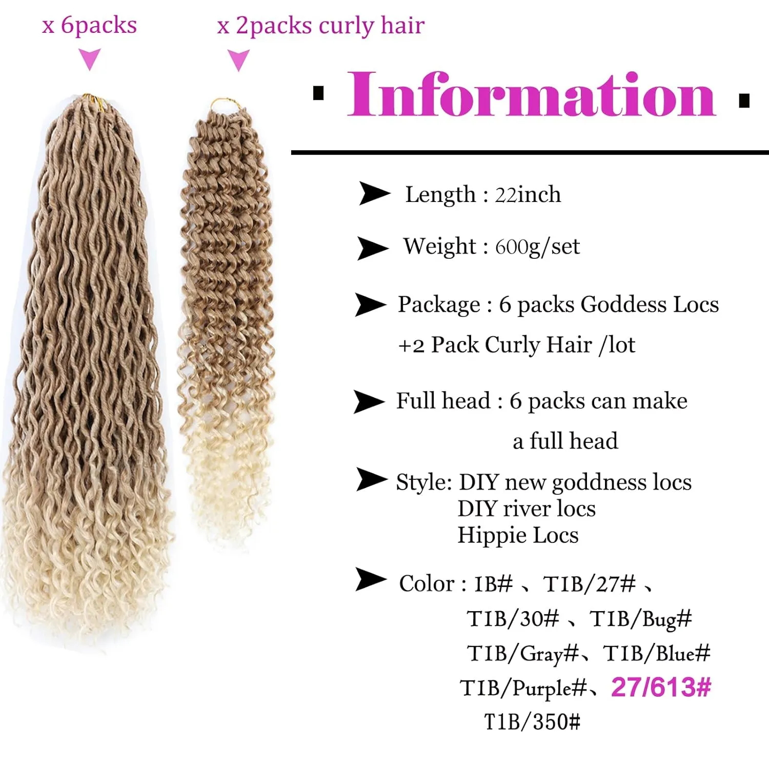 8 Packs Boho Goddess 22" Blonde River Locs Crochet with Curly Hair in Ends Boho Faux Locs Synthetic Hair(22inch 27/613#)