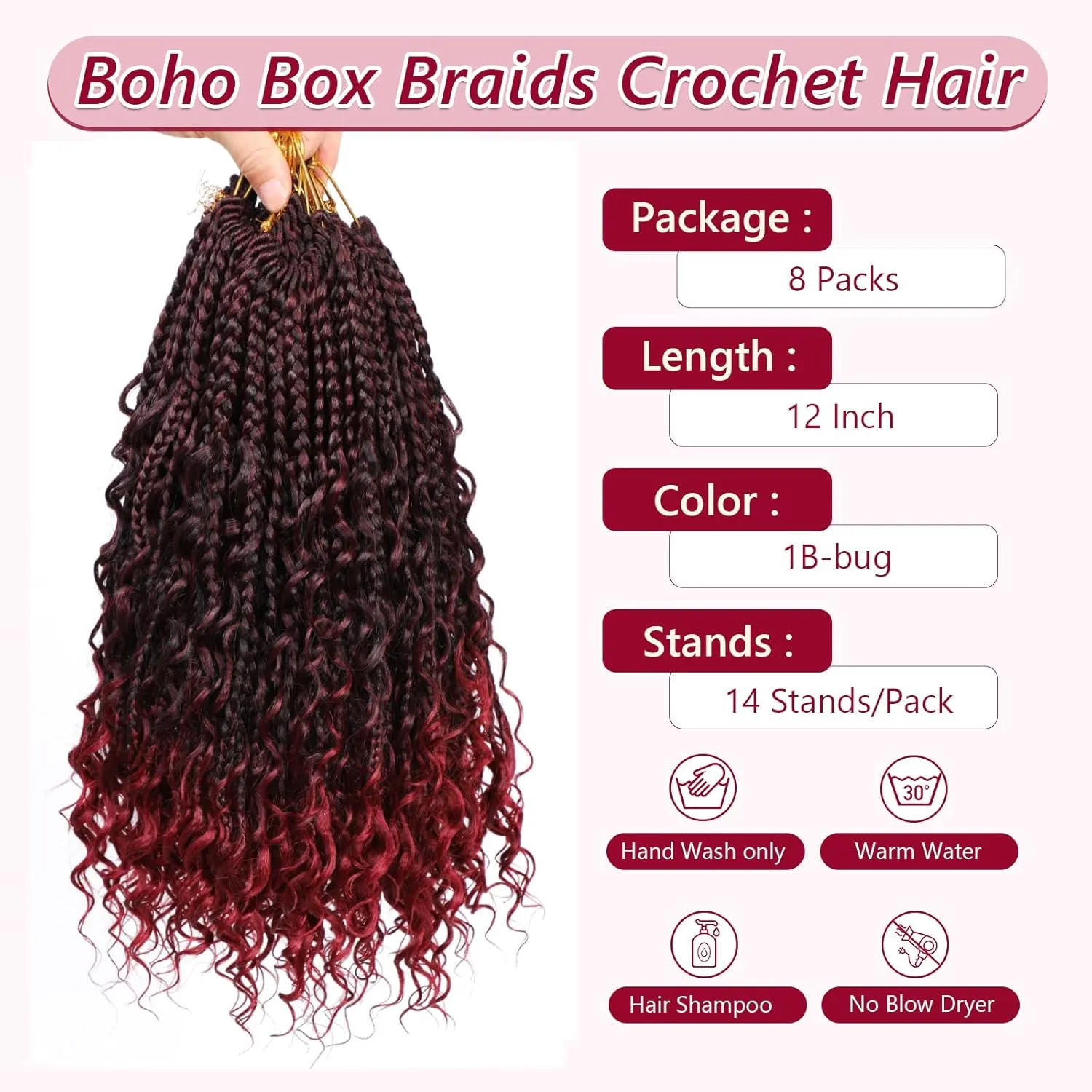 8 Packs Box Braids Crochet Braids with Curly Ends 12 Inch Crochet Box Braids 3X Box Braid Crochet Hair Extension(12(8Packs), 1B/Bug)