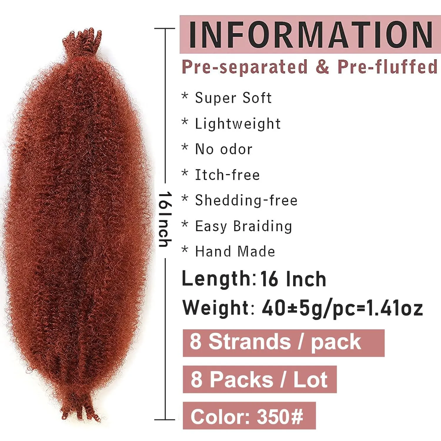 8 Packs Copper Red Springy Afro Twist Crochet Hair 16 Inch Pre-Separated Spring Twist Hair Marley Crochet Braiding For Distressed Soft Locs Hair Extension For Women (8 Strands/Pack,350#)