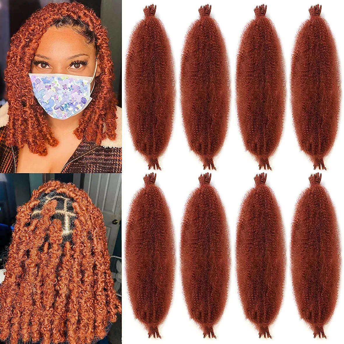 8 Packs Copper Red Springy Afro Twist Crochet Hair 16 Inch Pre-Separated Spring Twist Hair Marley Crochet Braiding For Distressed Soft Locs Hair Extension For Women (8 Strands/Pack,350#)
