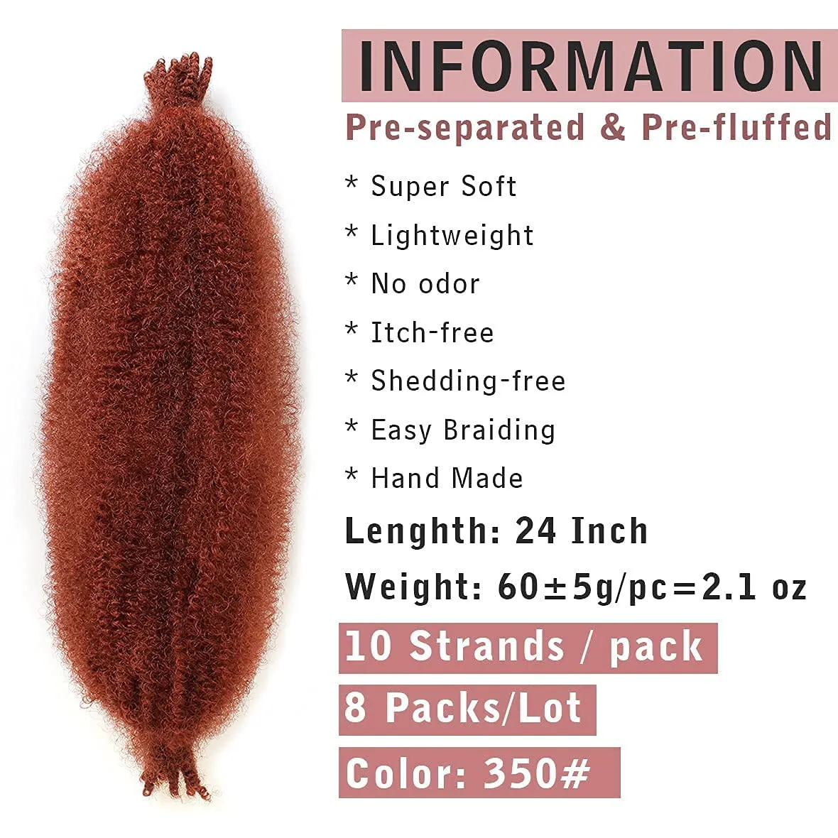 8 Packs Copper Red Springy Afro Twist Crochet Hair 24 Inch Pre-Separated Spring Twist Hair Marley Crochet Braiding For Distressed Soft Locs Hair Extension For Women(8 Strands/Pack,350#)
