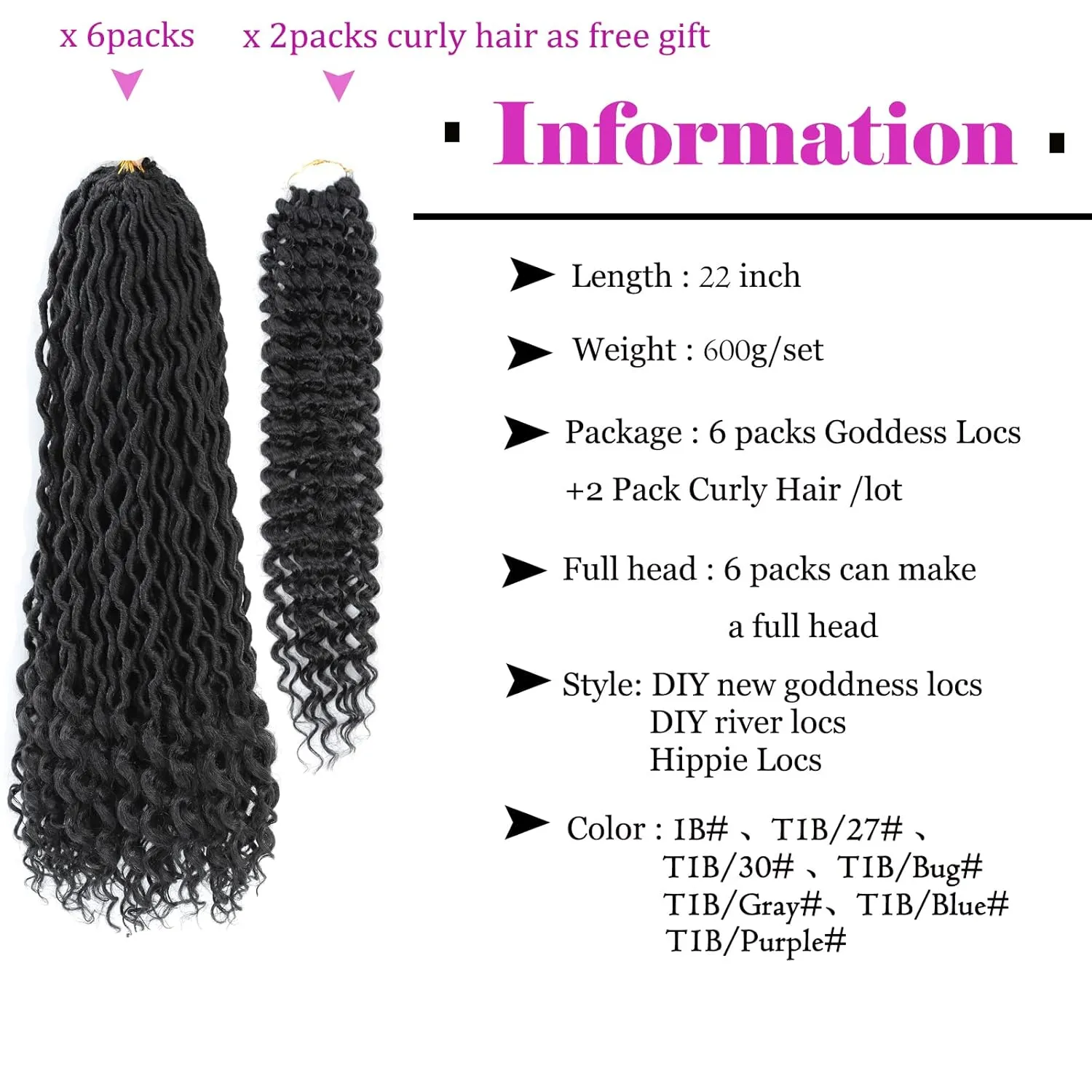 8 Packs New Goddess Locs Crochet Hair 22 Inch River Locs Crochet Braids Bohemian Faux Locs Crochet with Curly Ends Pre-looped Boho Style Synthetic Braids for Black Women(1B#)