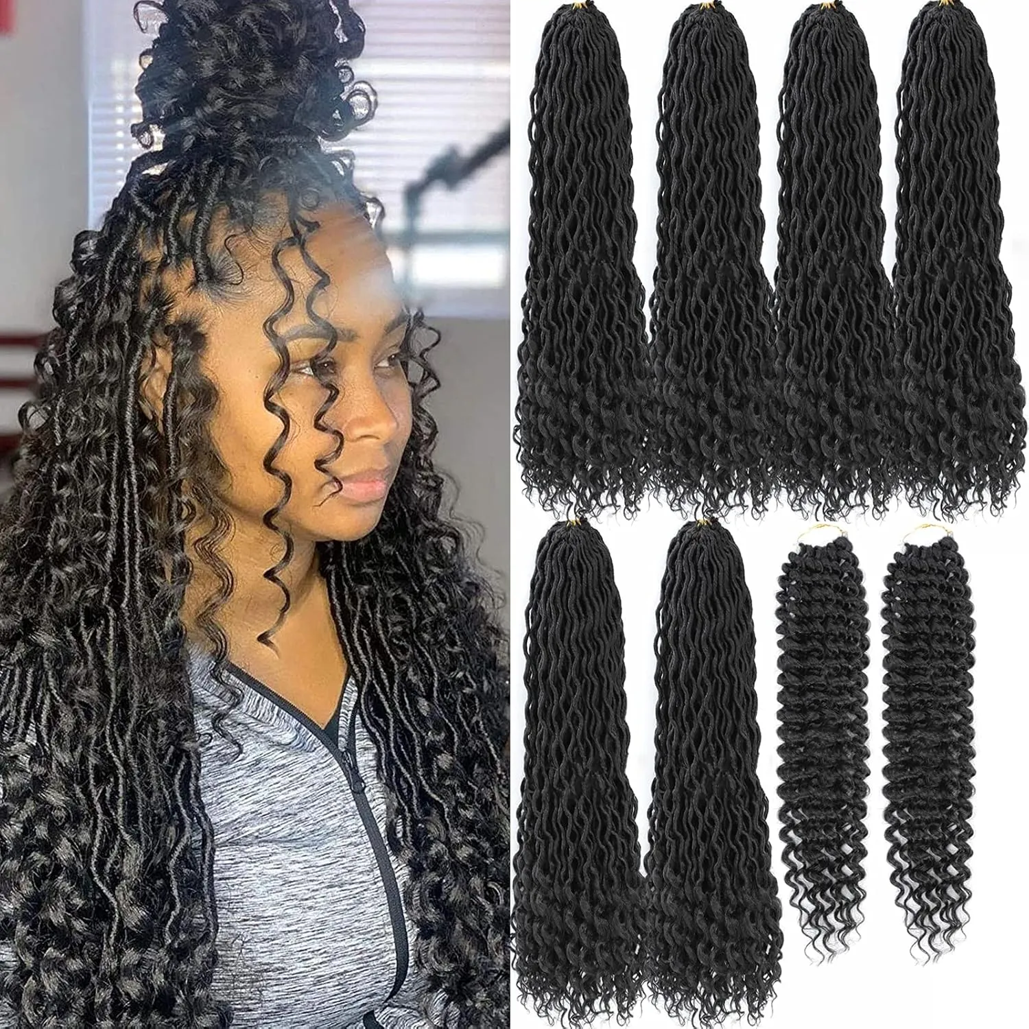 8 Packs New Goddess Locs Crochet Hair 22 Inch River Locs Crochet Braids Bohemian Faux Locs Crochet with Curly Ends Pre-looped Boho Style Synthetic Braids for Black Women(1B#)