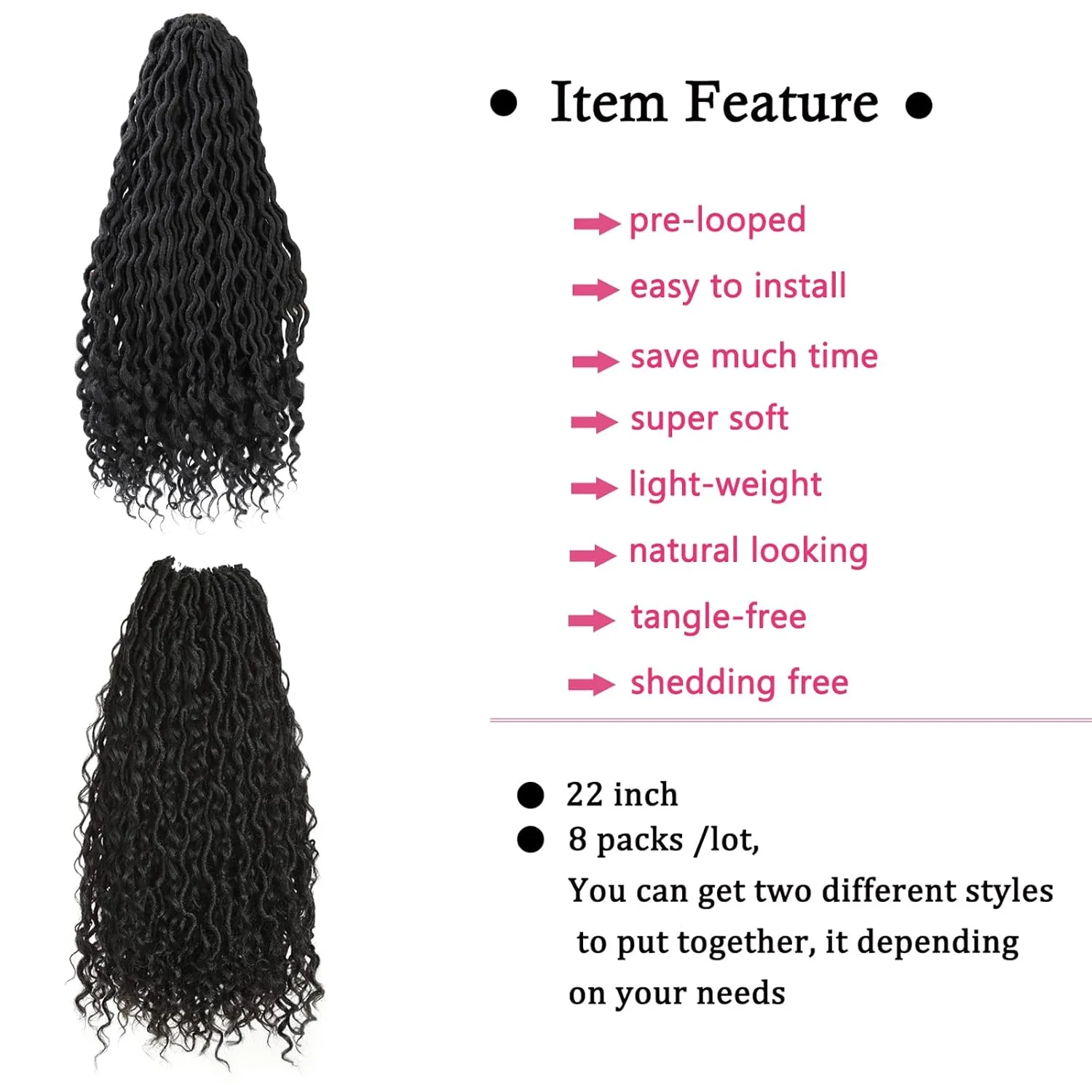 8 Packs New Goddess Locs Crochet Hair 22 Inch River Locs Crochet Braids Bohemian Faux Locs Crochet with Curly Ends Pre-looped Boho Style Synthetic Braids for Black Women(1B#)
