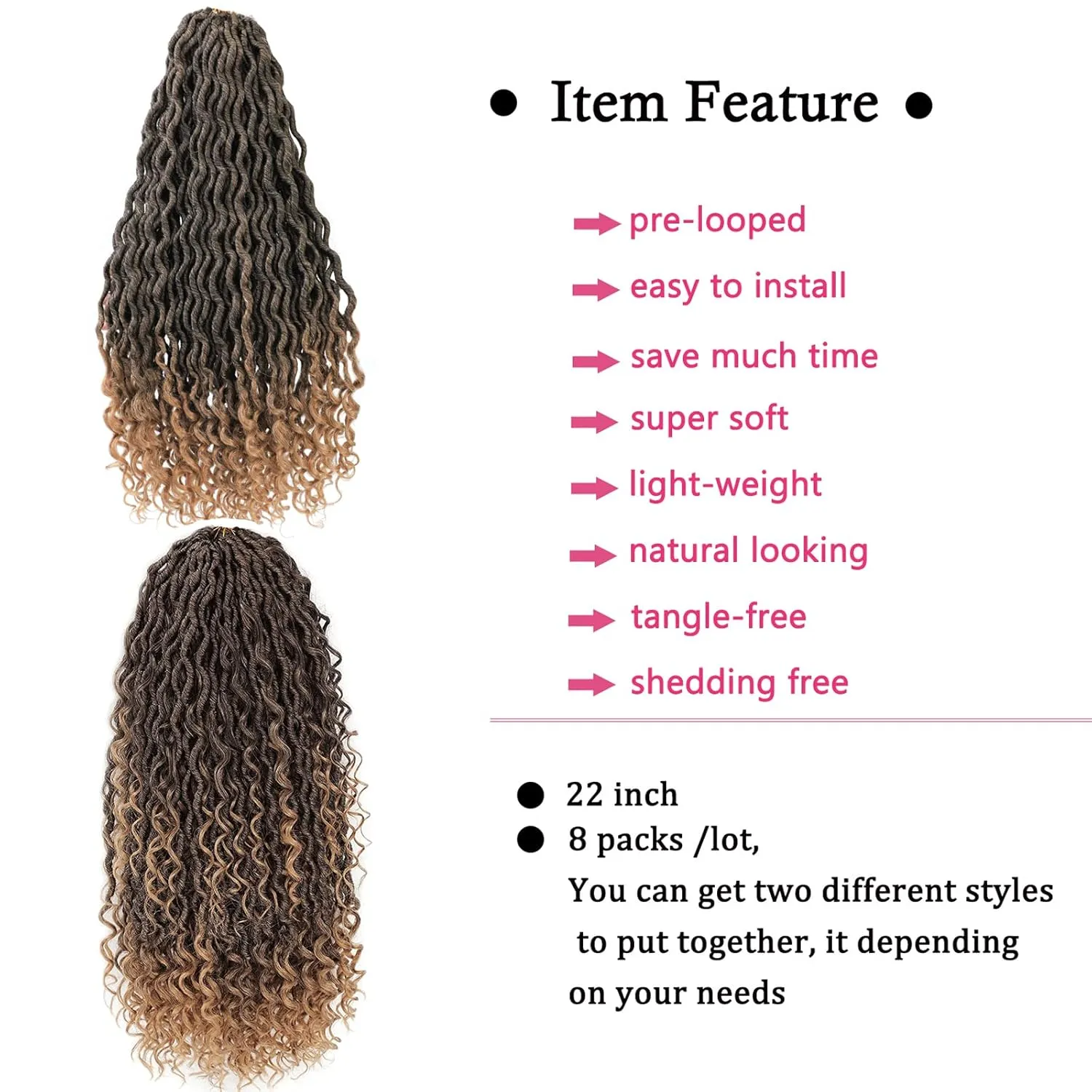 8 Packs New Goddess Locs Crochet Hair 22 Inch River Locs Crochet Braids Boho Style Synthetic Braids Ombre Blonde Bohemian Faux Locs Crochet with Curly Ends for Black Women(22inch #T1B/27,8packs)