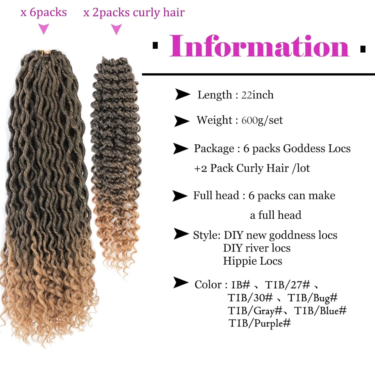 8 Packs New Goddess Locs Crochet Hair 22 Inch River Locs Crochet Braids Boho Style Synthetic Braids Ombre Blonde Bohemian Faux Locs Crochet with Curly Ends for Black Women(22inch #T1B/27,8packs)