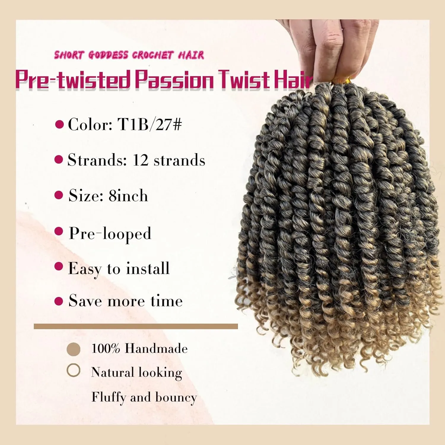 8 Packs Passion Twist Crochet Hair 8 Inch Pretwisted Crochet Passion Twist Hair Ombre Prelooped Short Passion Twist Hair Soft Crochet Braids Hair for Women #T1B/27
