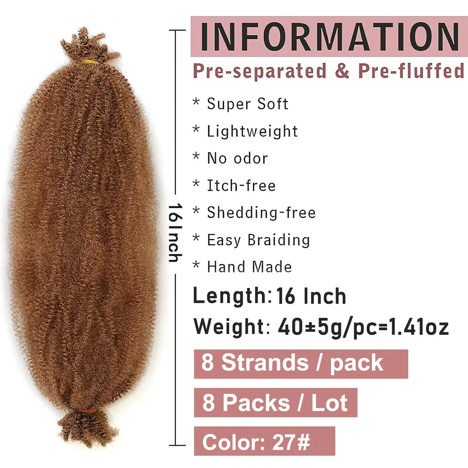 8 Packs Pre-Separated Spring Afro Twist Hair 16 Inch Long Spring Twsit Crochet Hair For Butterfly Locs Honey Blond Synthetic Marley Twist Hair Extension For Black Women 27#