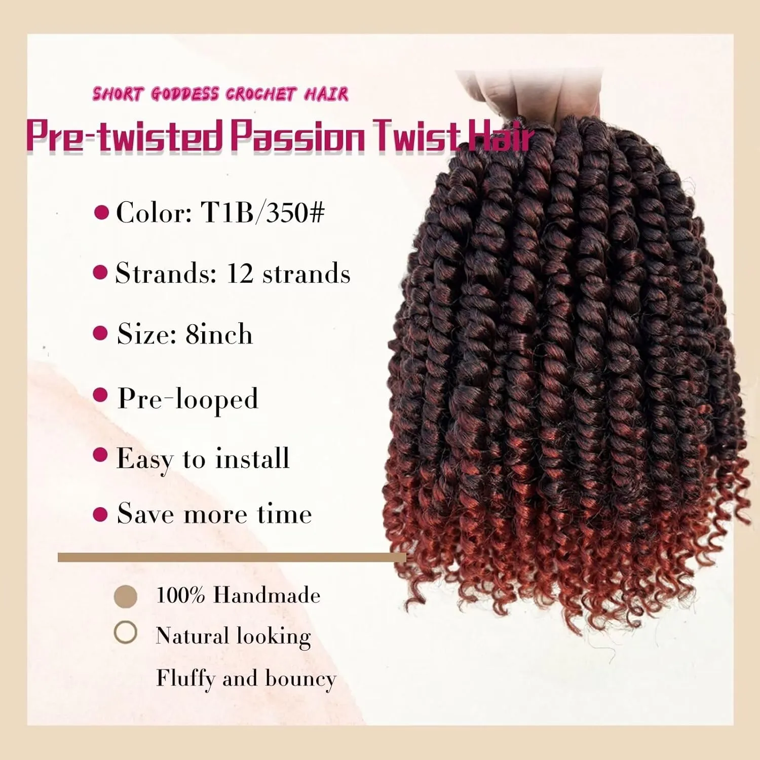 8 Packs Pretwisted Passion Twist Crochet Hair 8 Inch Pre Looped Crochet Passion Twist Hair Coppery Red Short Passion Twist Hair Soft Crochet Braids Hair for Women #T1B/350