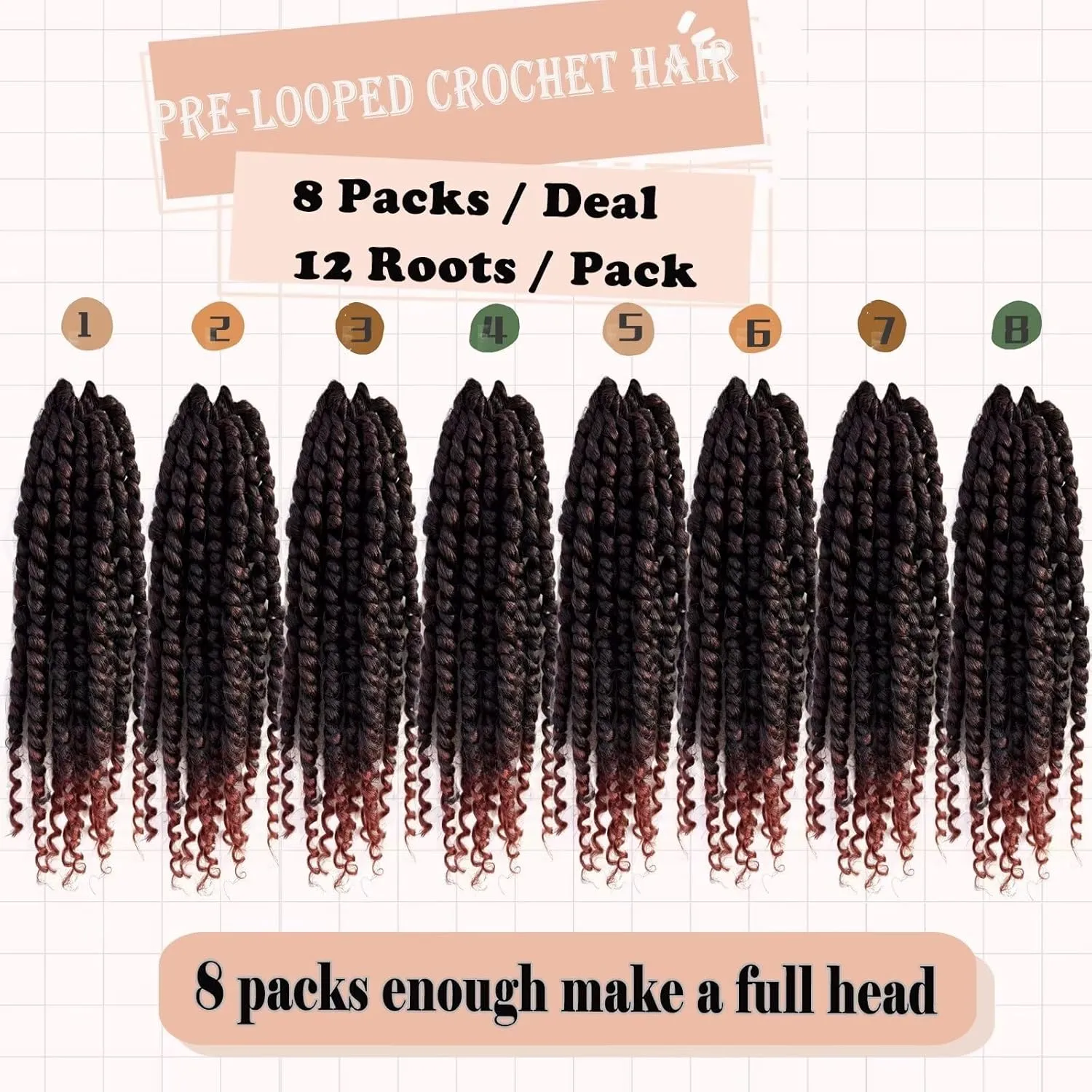 8 Packs Pretwisted Passion Twist Crochet Hair 8 Inch Pre Looped Crochet Passion Twist Hair Coppery Red Short Passion Twist Hair Soft Crochet Braids Hair for Women #T1B/350