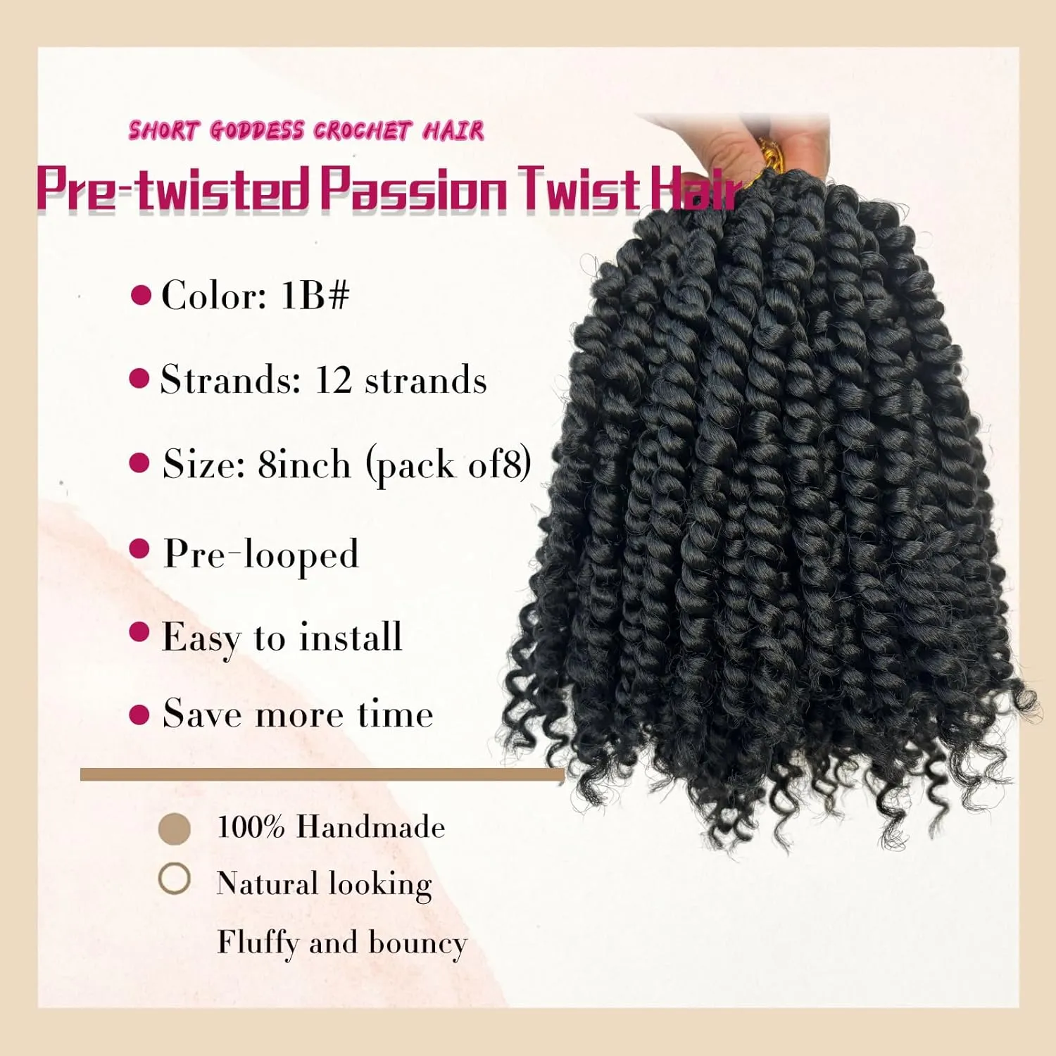 8 Packs Pretwisted Passion Twist Crochet Hair 8 Inch Pre Looped Crochet Passion Twist Hair Short Passion Twist Hair Soft Crochet Braids Hair for Women Natural Black