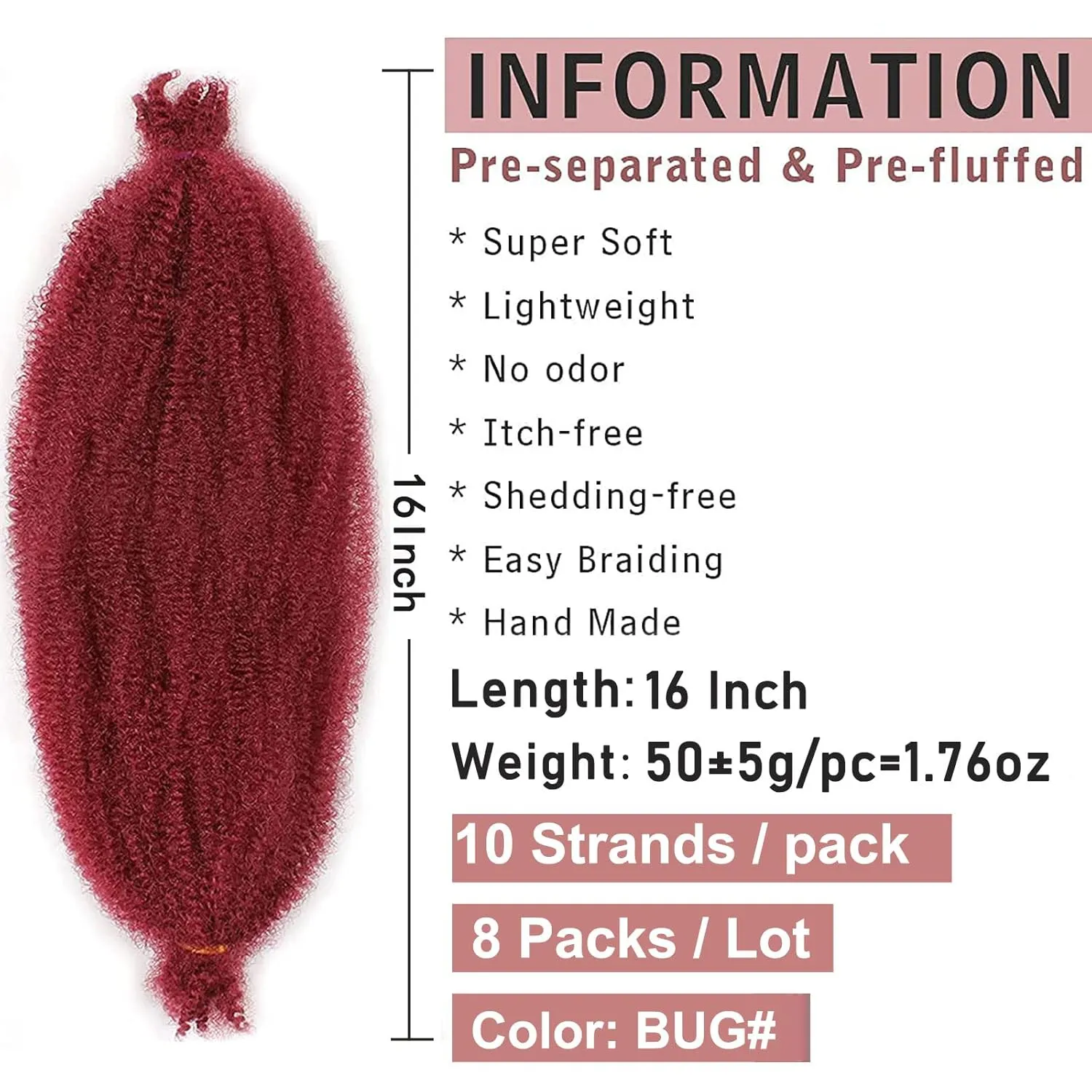8 Packs Springy Afro Twist Hair Wine Red Spring Twist For Distressed Soft Locs 16 Inch Synthetic Pre-Separated Crochet Braiding Hair Long Marley Twist Hair Extension For Women(8 Strands/Pack,BUG#)