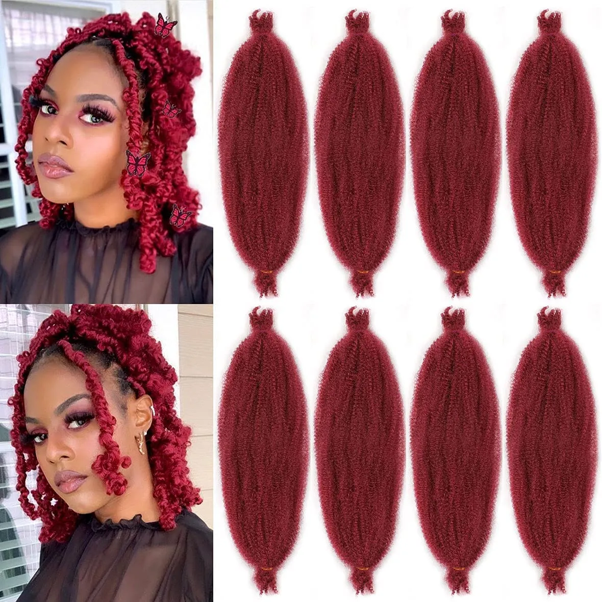 8 Packs Springy Afro Twist Hair Wine Red Spring Twist For Distressed Soft Locs 16 Inch Synthetic Pre-Separated Crochet Braiding Hair Long Marley Twist Hair Extension For Women(8 Strands/Pack,BUG#)