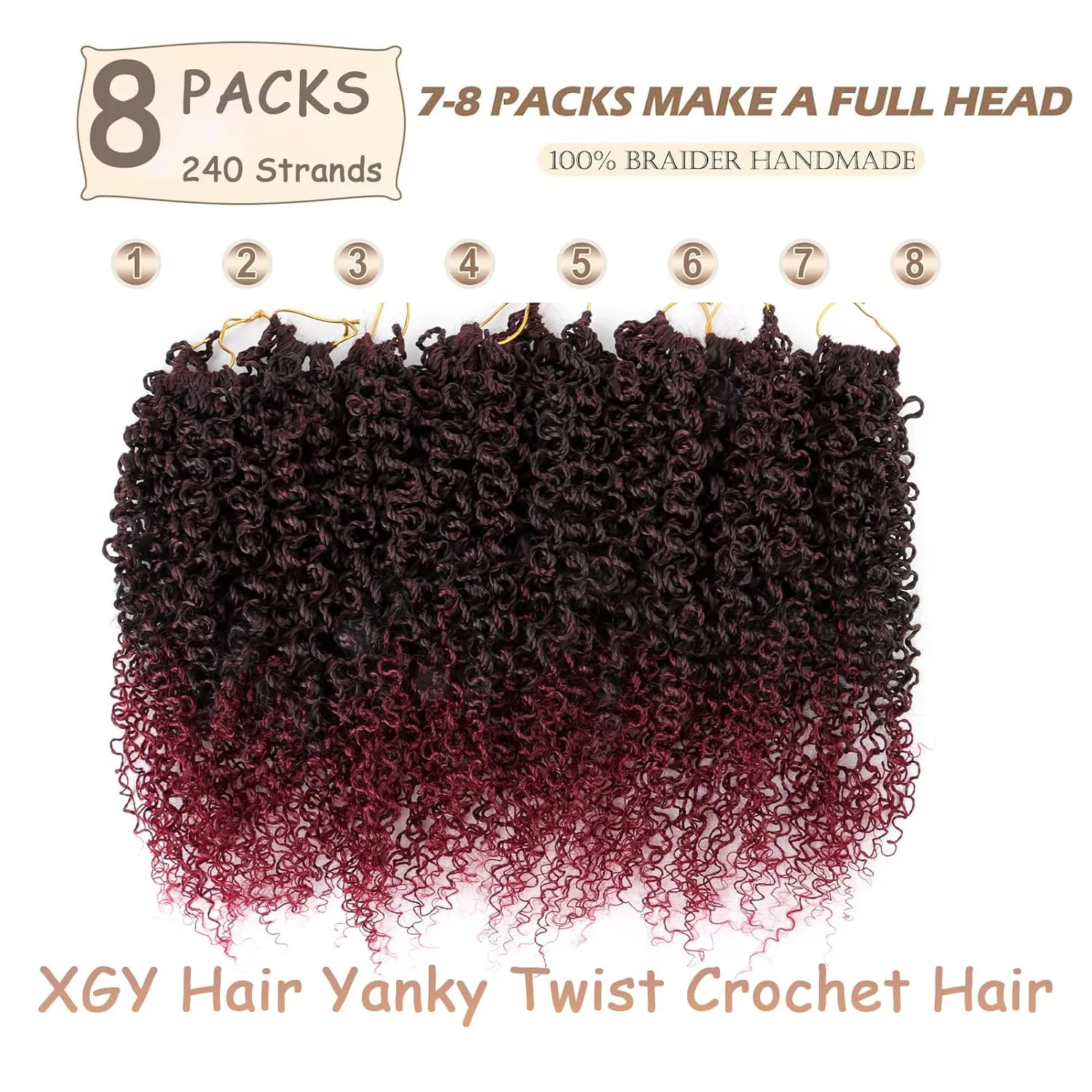 8 PCS Pre-twisted Yanky Twist Crochet Hair 14 Inch Ombre Burgundy Passion Twist Crochet Braiding Hair Pre-Looped Curly Crochet Braids Synthetic Spring Twist Crochet Hair Extensions (1B/BUG#)